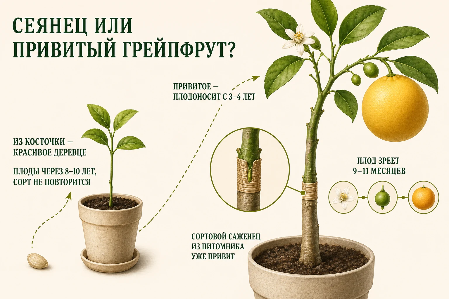 Разница между сеянцем грейпфрута и уже привитым сортовым саженцем со сроками плодоношения