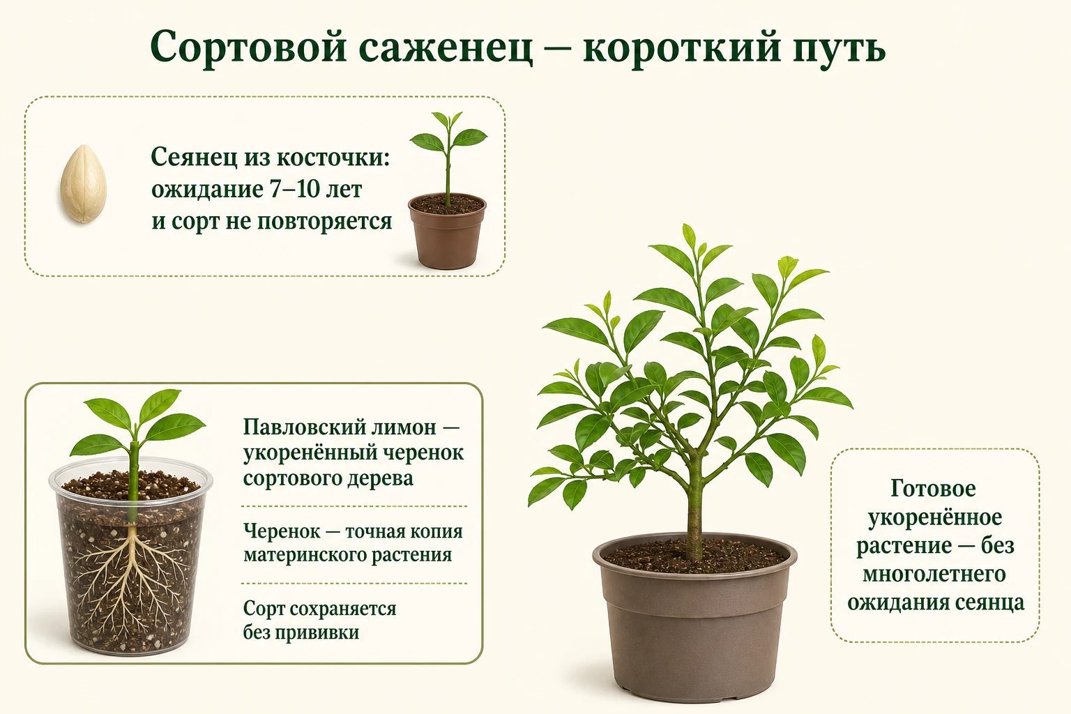 Сортовой Павловский лимон как укоренённый черенок: короткий путь по сравнению с сеянцем из косточки, который не повторяет сорт.