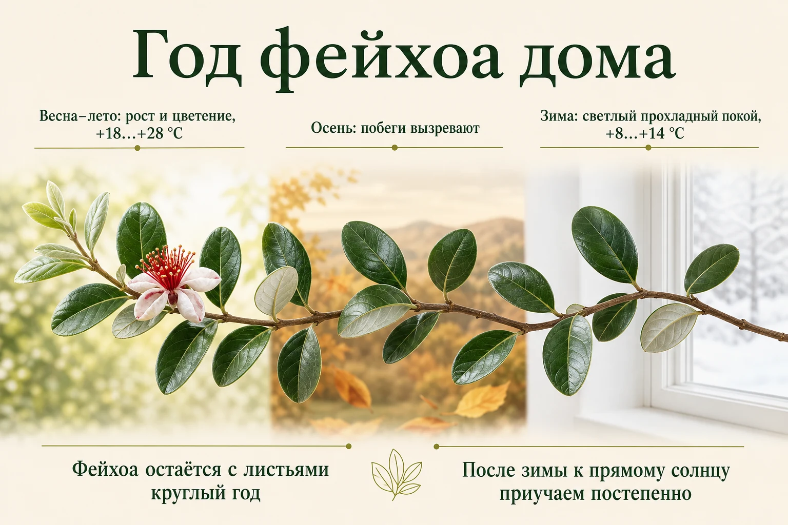 Сезонный ритм фейхоа: рост и цветение при +18…+28 °C, вызревание побегов осенью и светлый прохладный покой при +8…+14 °C зимой.