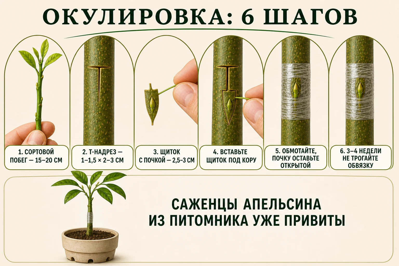 Шесть шагов окулировки цитруса от T-образного надреза до обвязки с открытой почкой