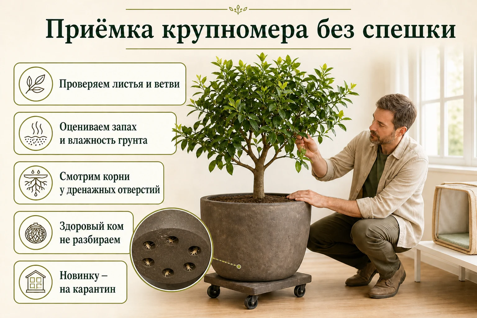 Спокойная приёмка взрослого цитруса: осмотр листьев, влажности грунта и корней у дренажных отверстий.