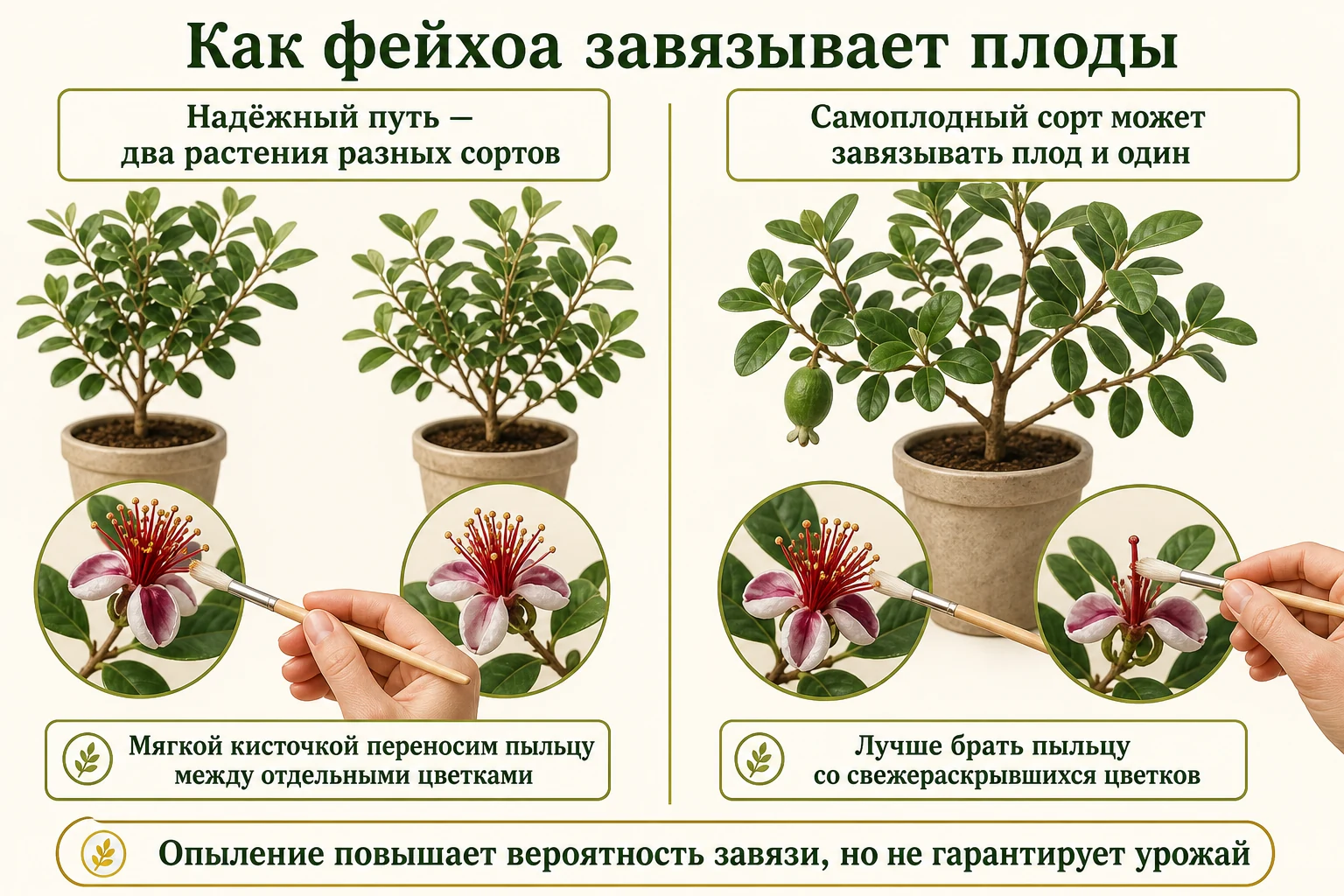 Два способа опыления фейхоа: два растения разных сортов или самоплодный сорт, с переносом пыльцы мягкой кисточкой между отдельными цветками.