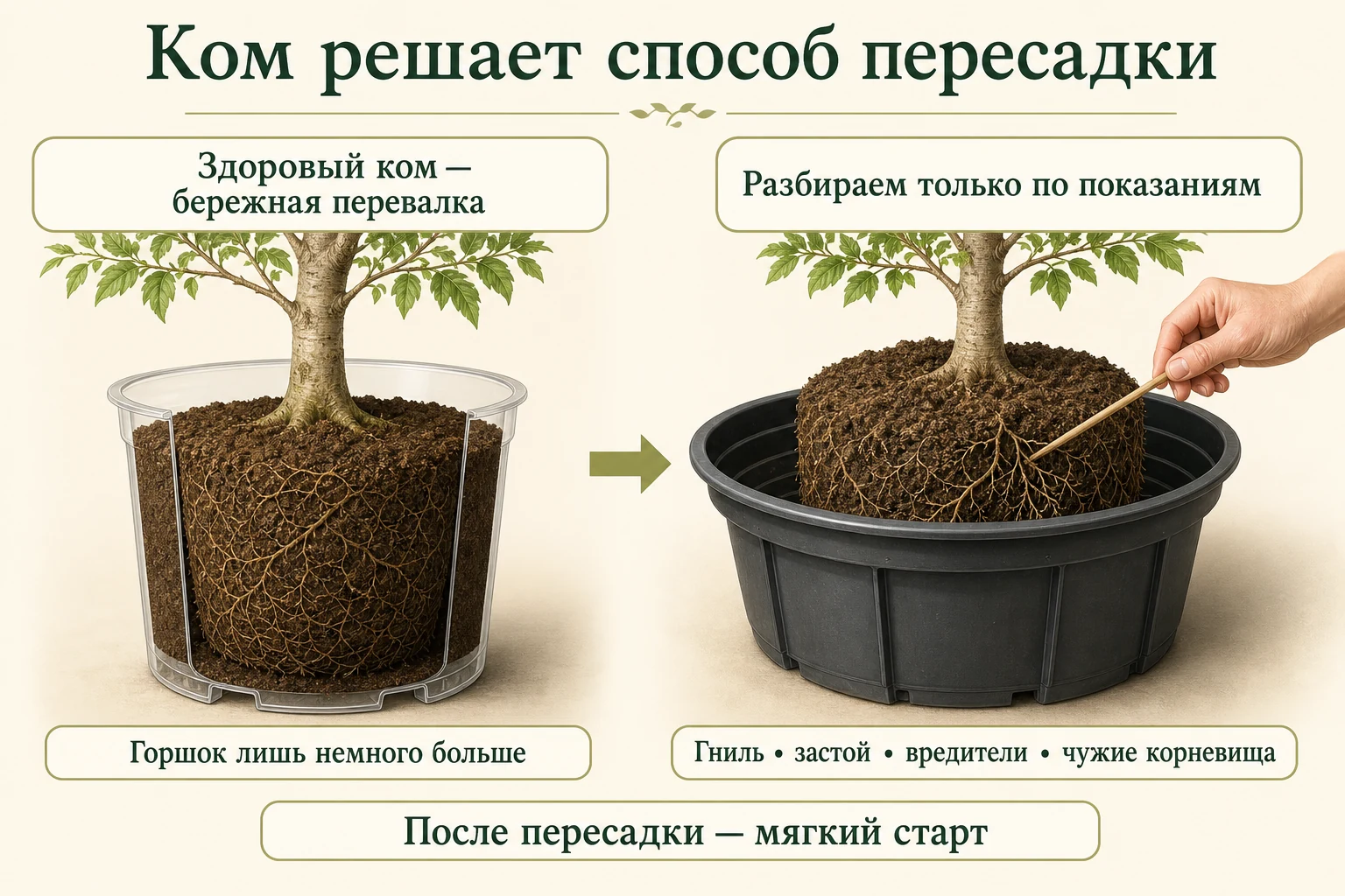 Выбор способа пересадки крупномера: целый здоровый ком переваливают, проблемный осматривают только по показаниям.