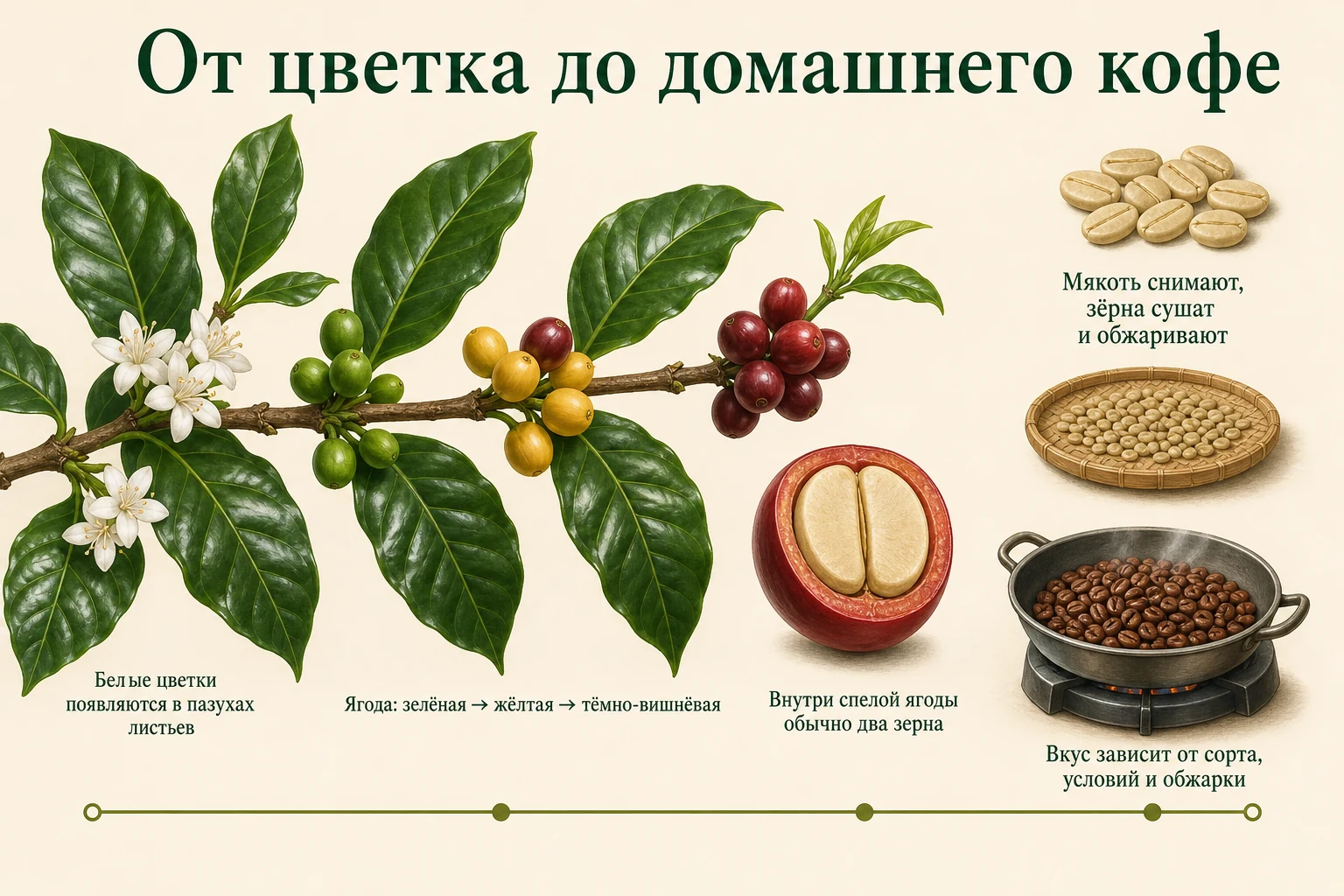 Путь кофе арабика от белых пазушных цветков и созревающих ягод на узлах ветви до двух зёрен внутри, сушки и обжарки.