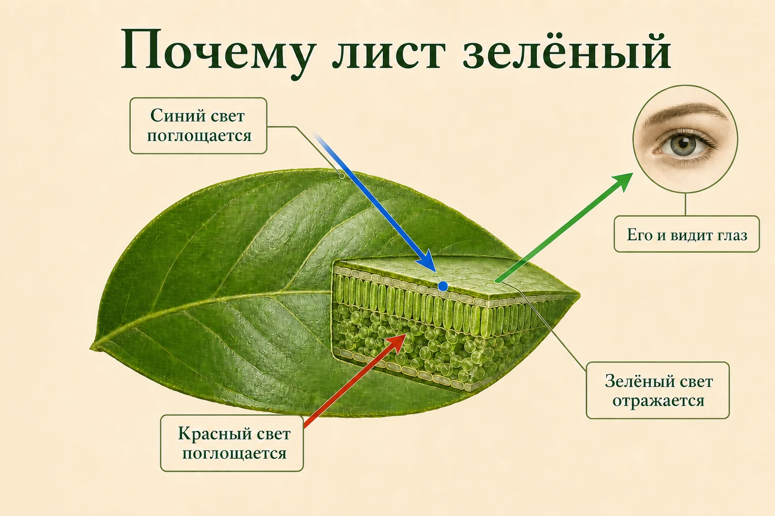Почему зелёный лист поглощает синий и красный свет, а зелёный отражает
