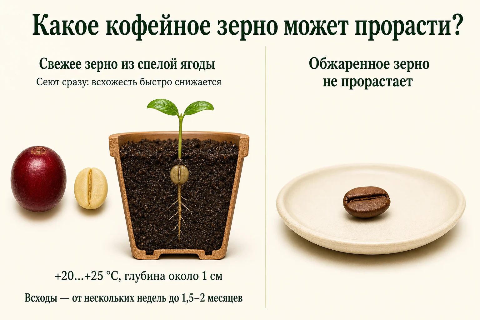 Сравнение свежего и обжаренного кофейного зерна: свежее семя сеют сразу на глубину около 1 см, а обжаренное зерно не прорастает.