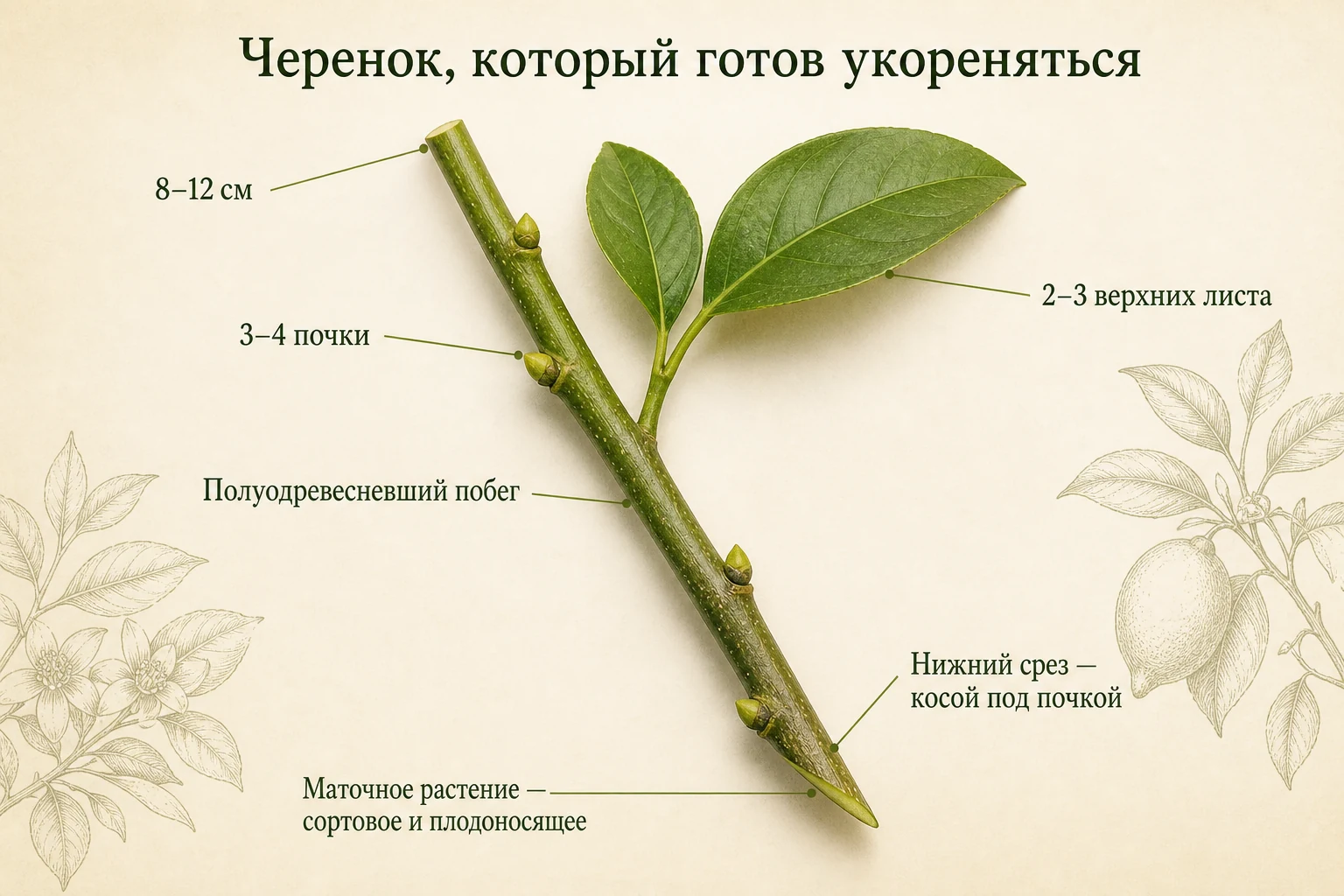 Полуодревесневший черенок лимона с почками, листьями и косым нижним срезом