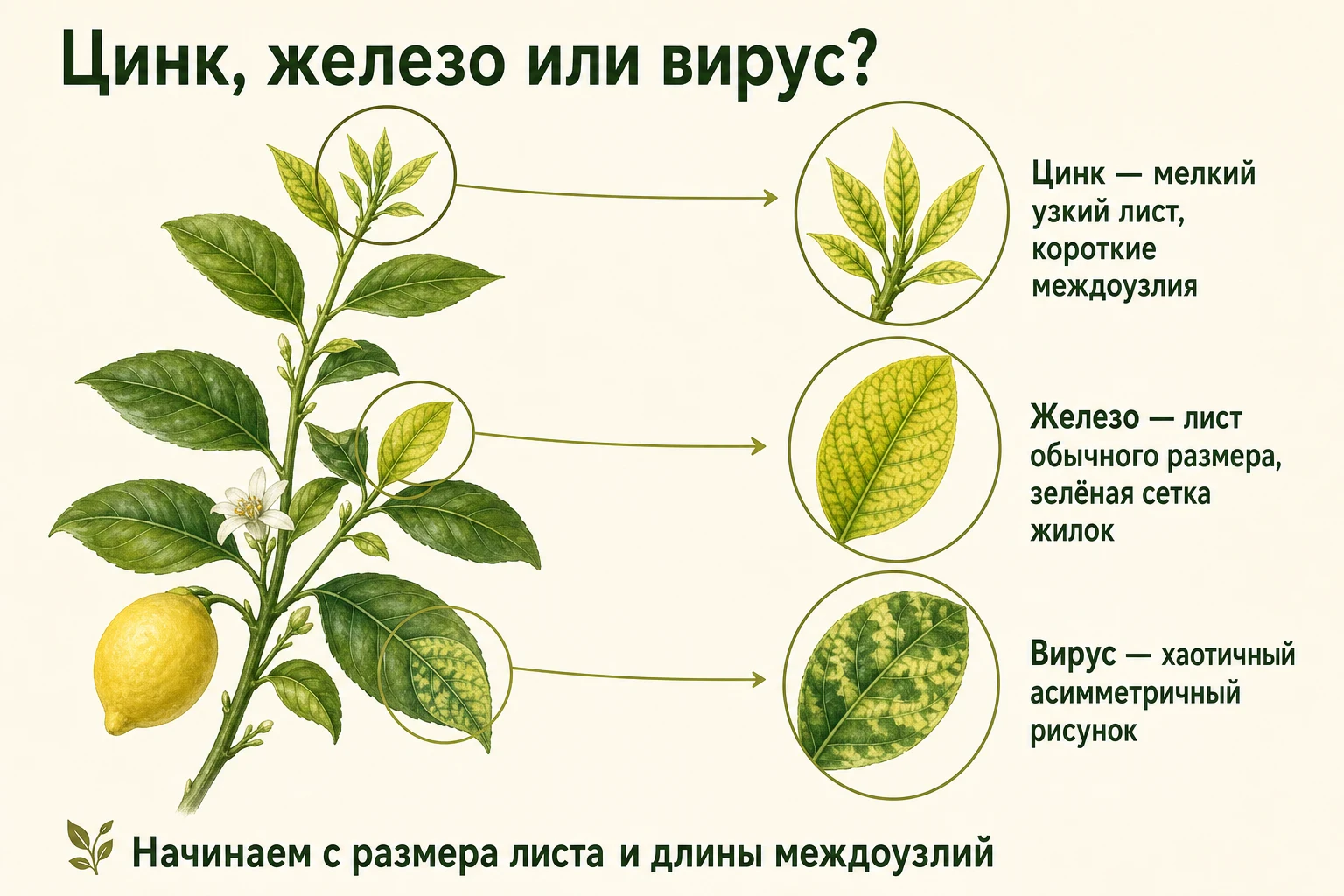 Как отличить дефицит цинка и железа от вирусной мозаики на листьях цитруса