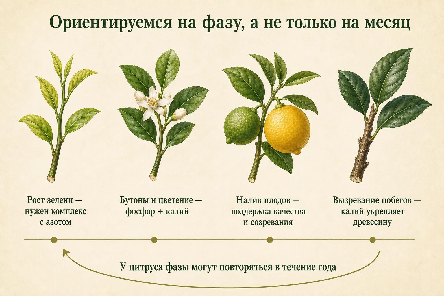 Четыре фазы цитруса от роста зелени и цветения до налива плодов и вызревания побегов