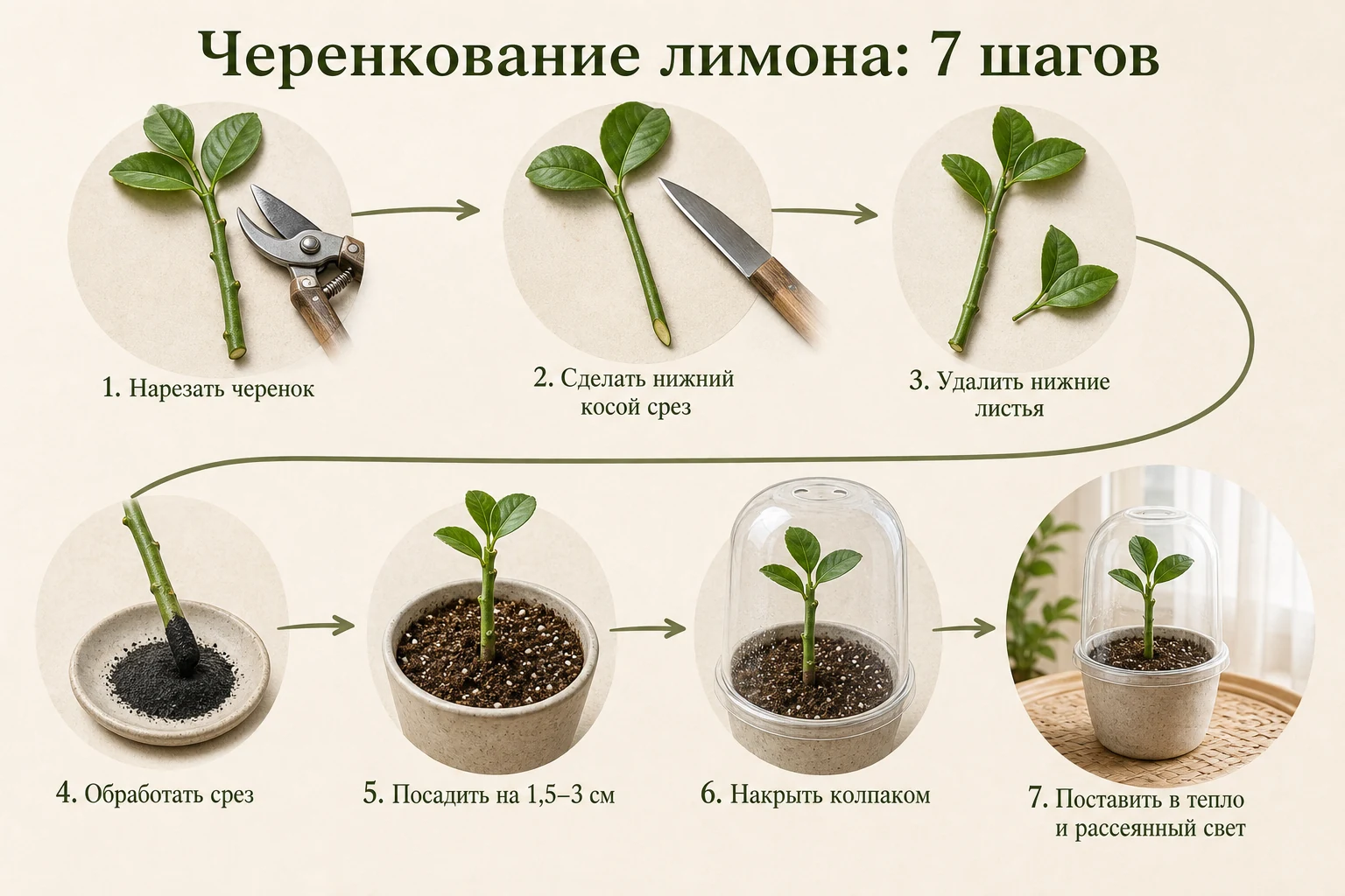 Семь последовательных шагов черенкования лимона