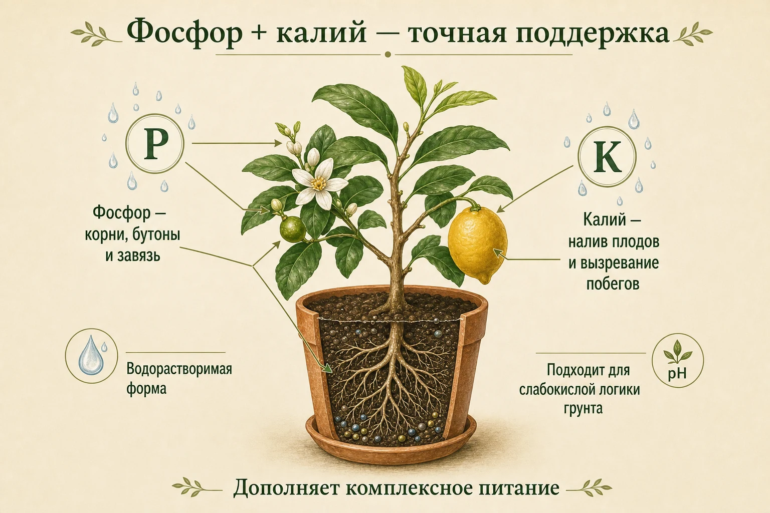 Роль фосфора для корней бутонов и завязи и калия для плодов и вызревания побегов цитруса