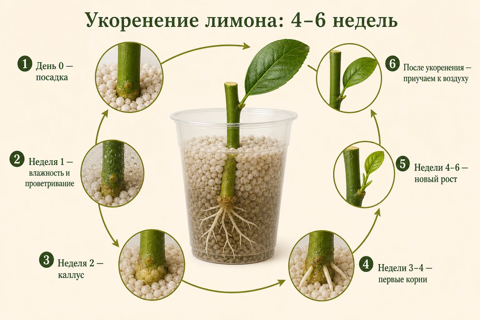 Развитие каллуса, корней и нового роста у черенка лимона за четыре–шесть недель