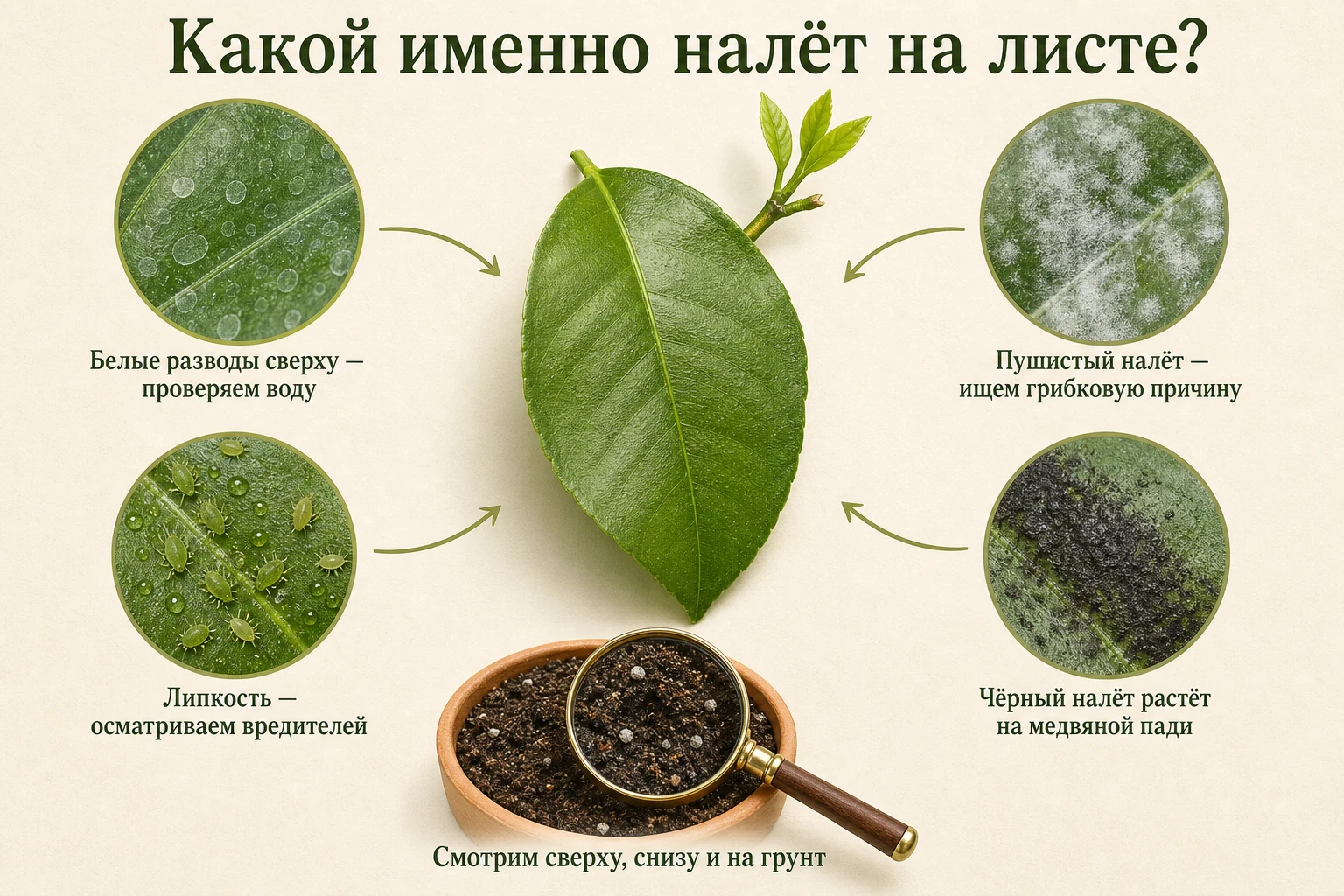 Какой именно налёт на листе: наглядная схема для комнатных цитрусов