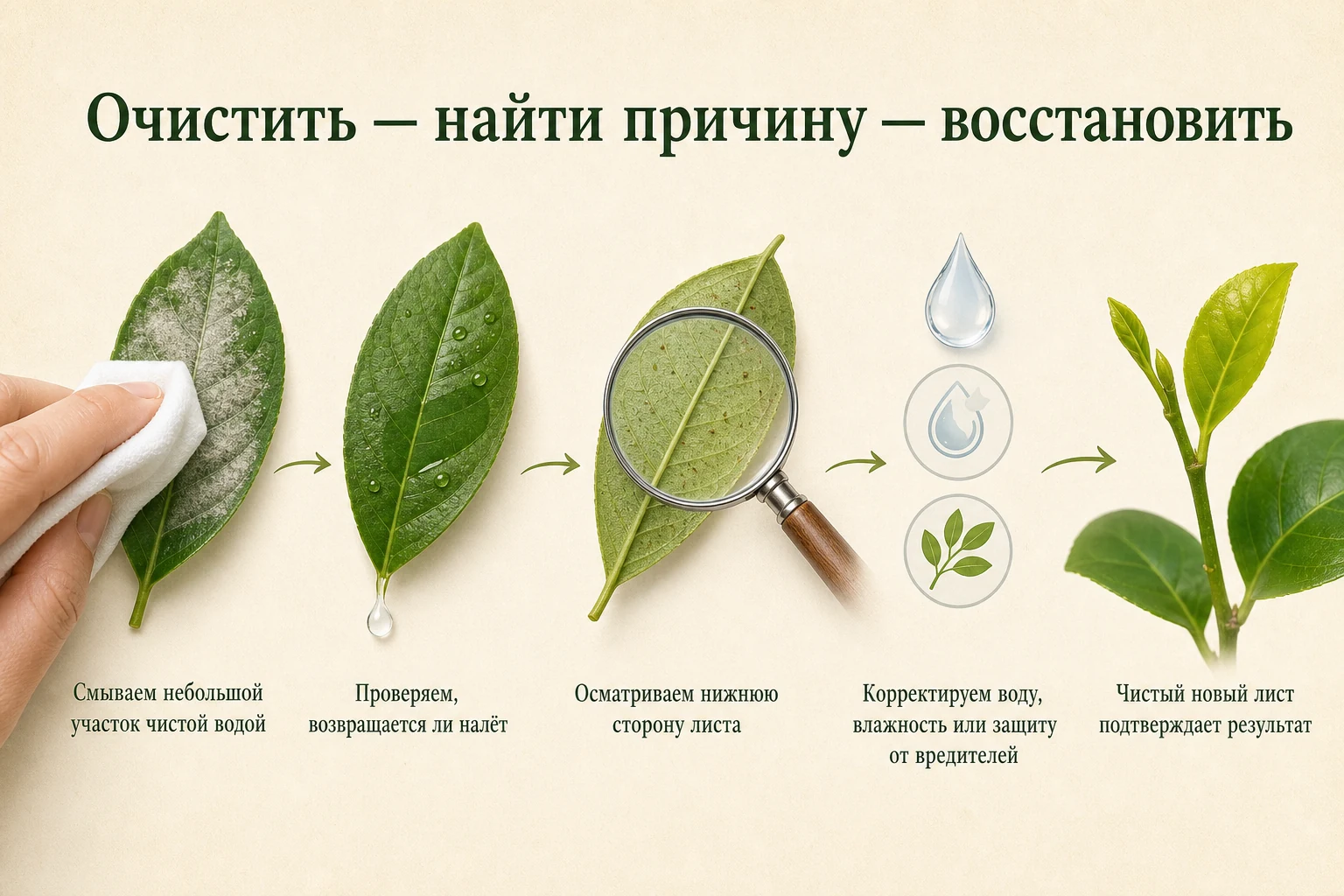 Очистить лист — найти причину — восстановить: наглядная схема для комнатных цитрусов