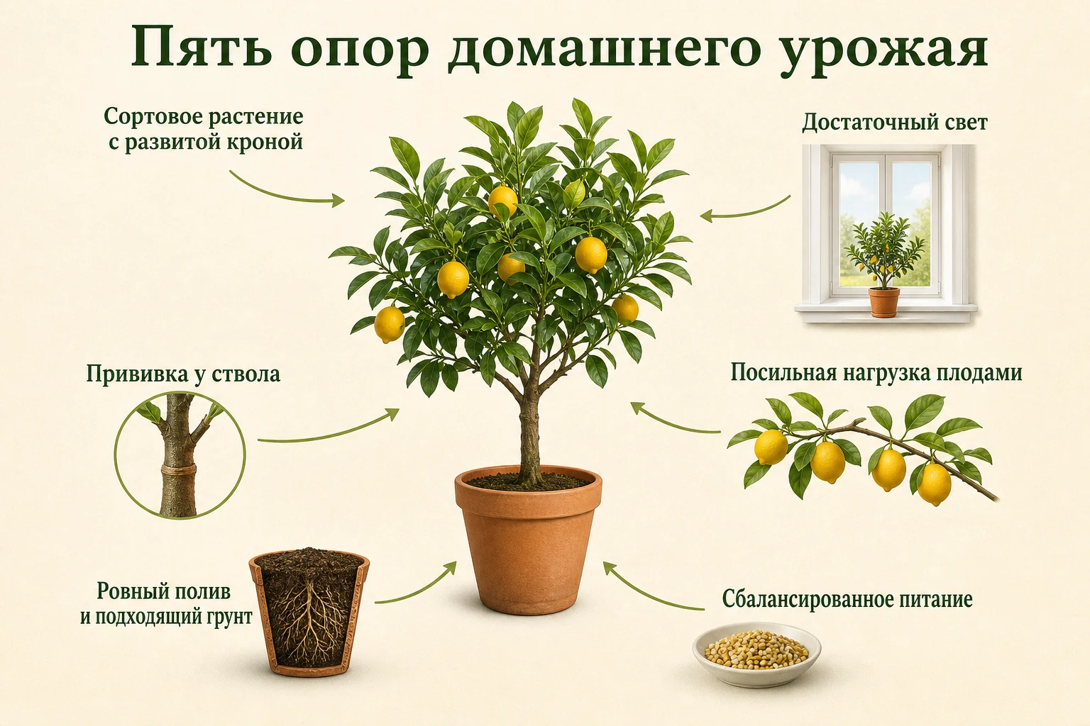 Пять опор домашнего урожая: наглядная схема для комнатных цитрусов