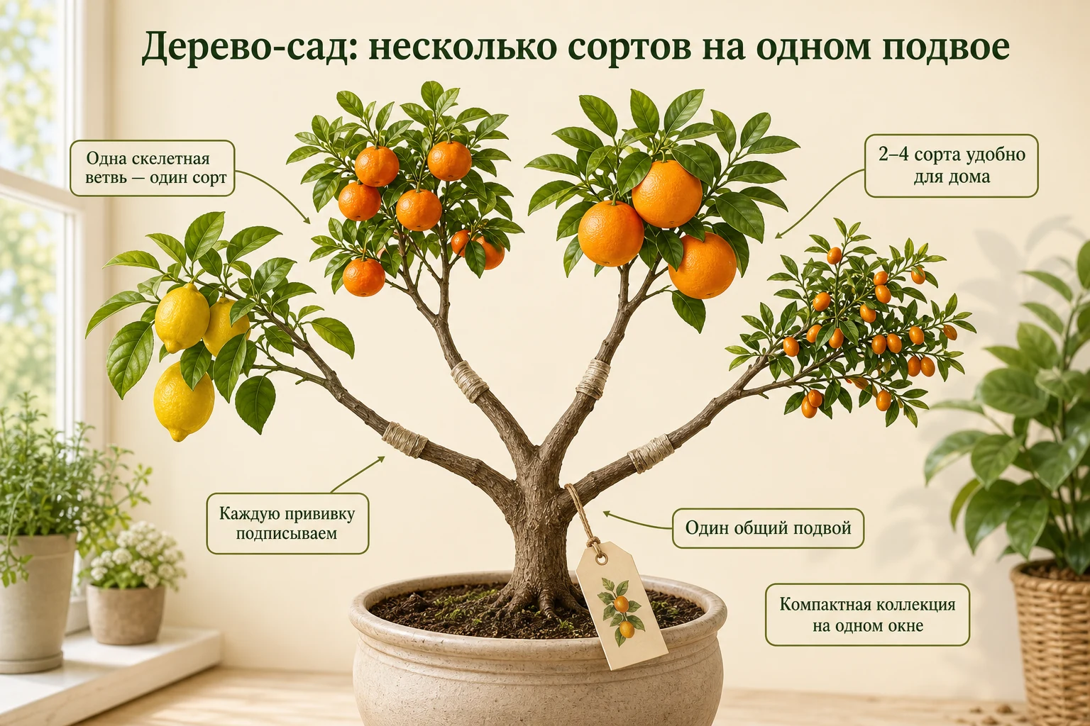 Несколько сортов цитрусов на отдельных ветвях одного общего подвоя