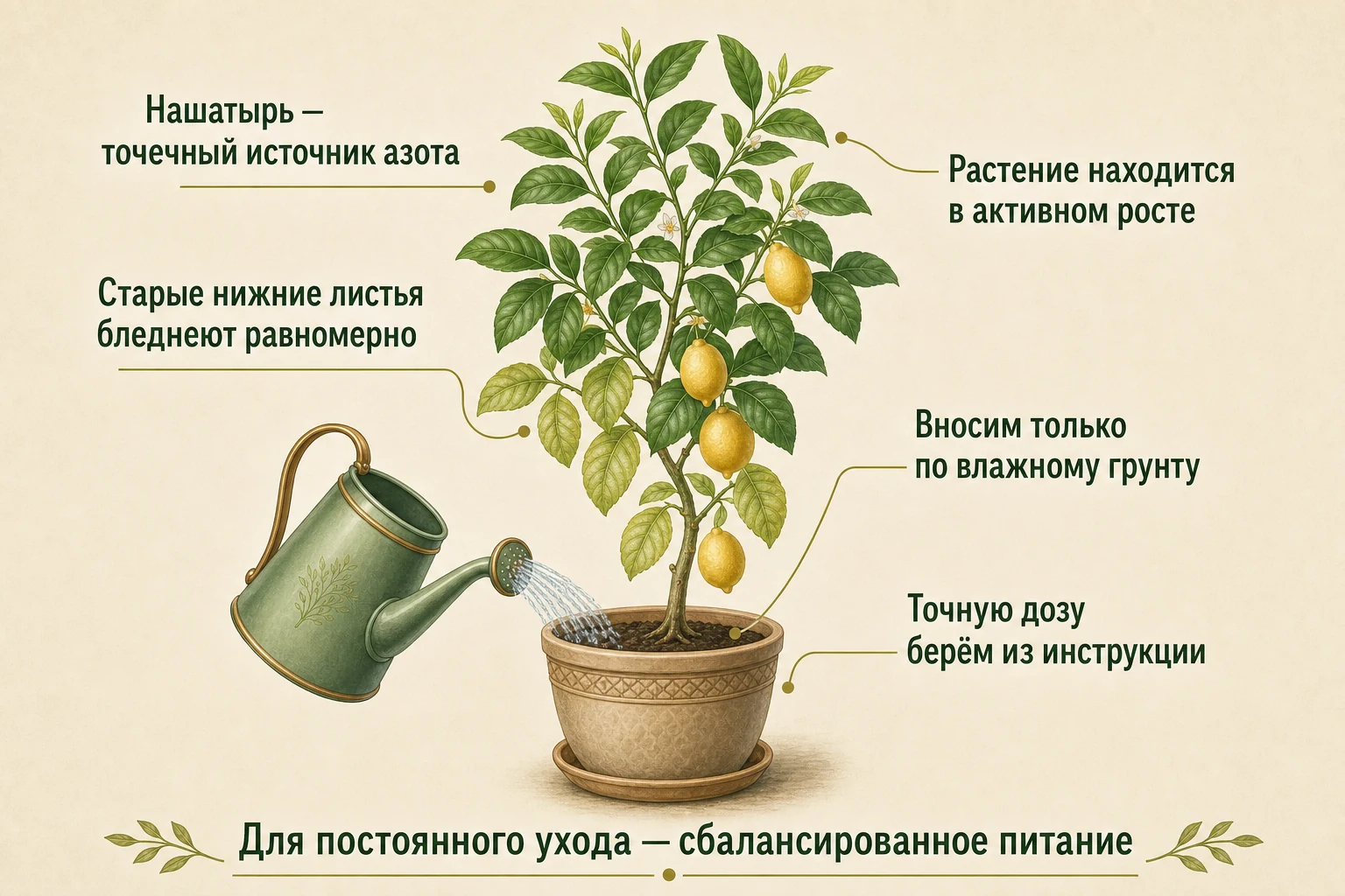 Условия точечного применения нашатыря при равномерном побледнении старых нижних листьев лимона
