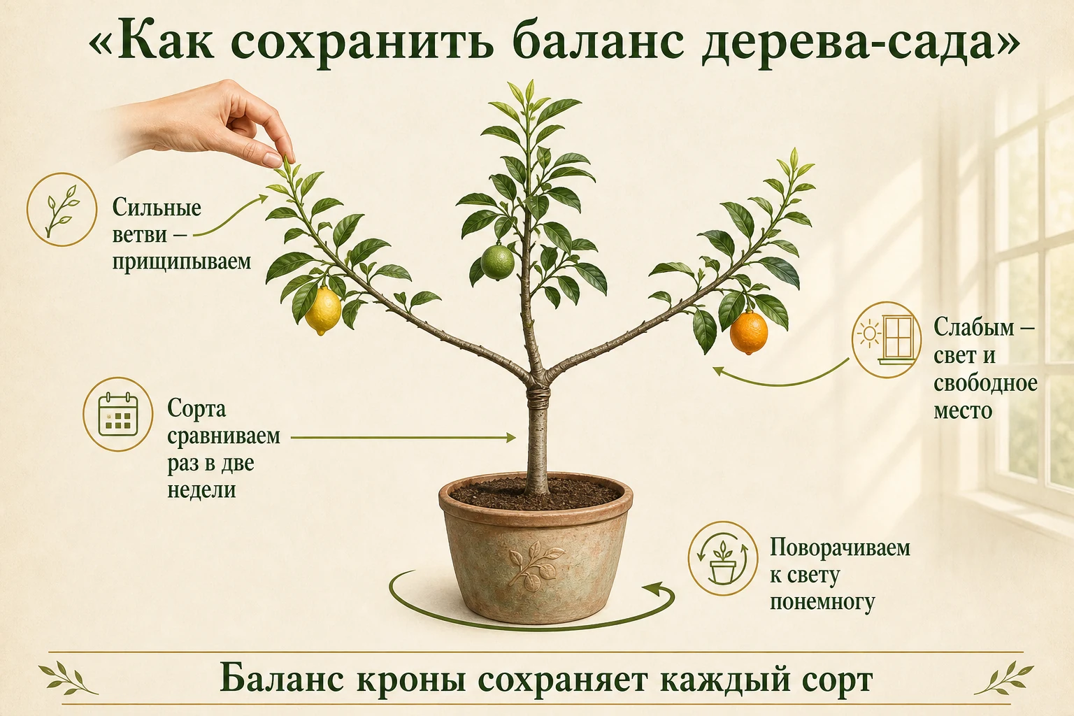 Прищипка сильной ветви, освещение слабой и поворот цитрусового дерева-сада