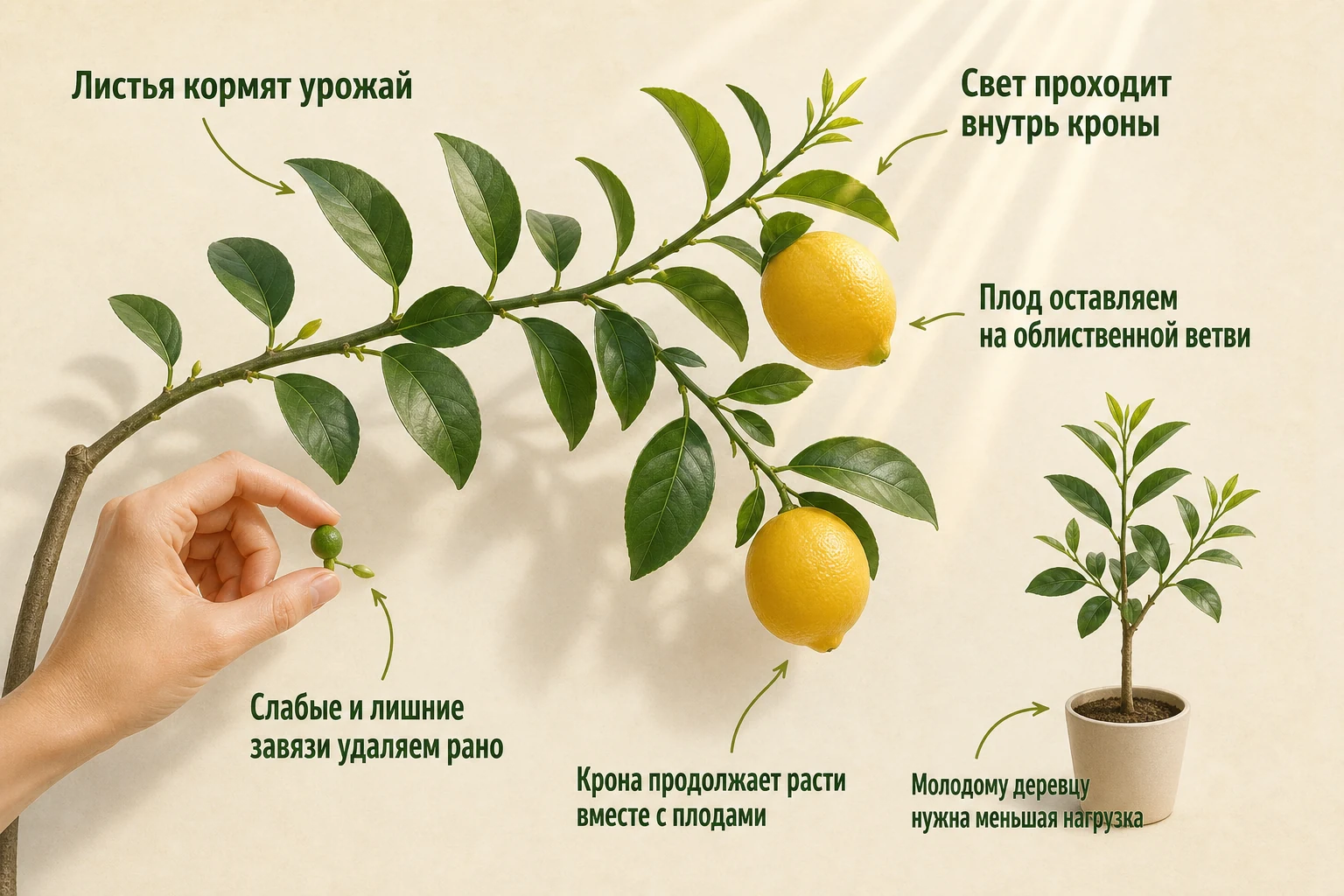 Крона, листья и посильная нагрузка: наглядная схема для комнатных цитрусов