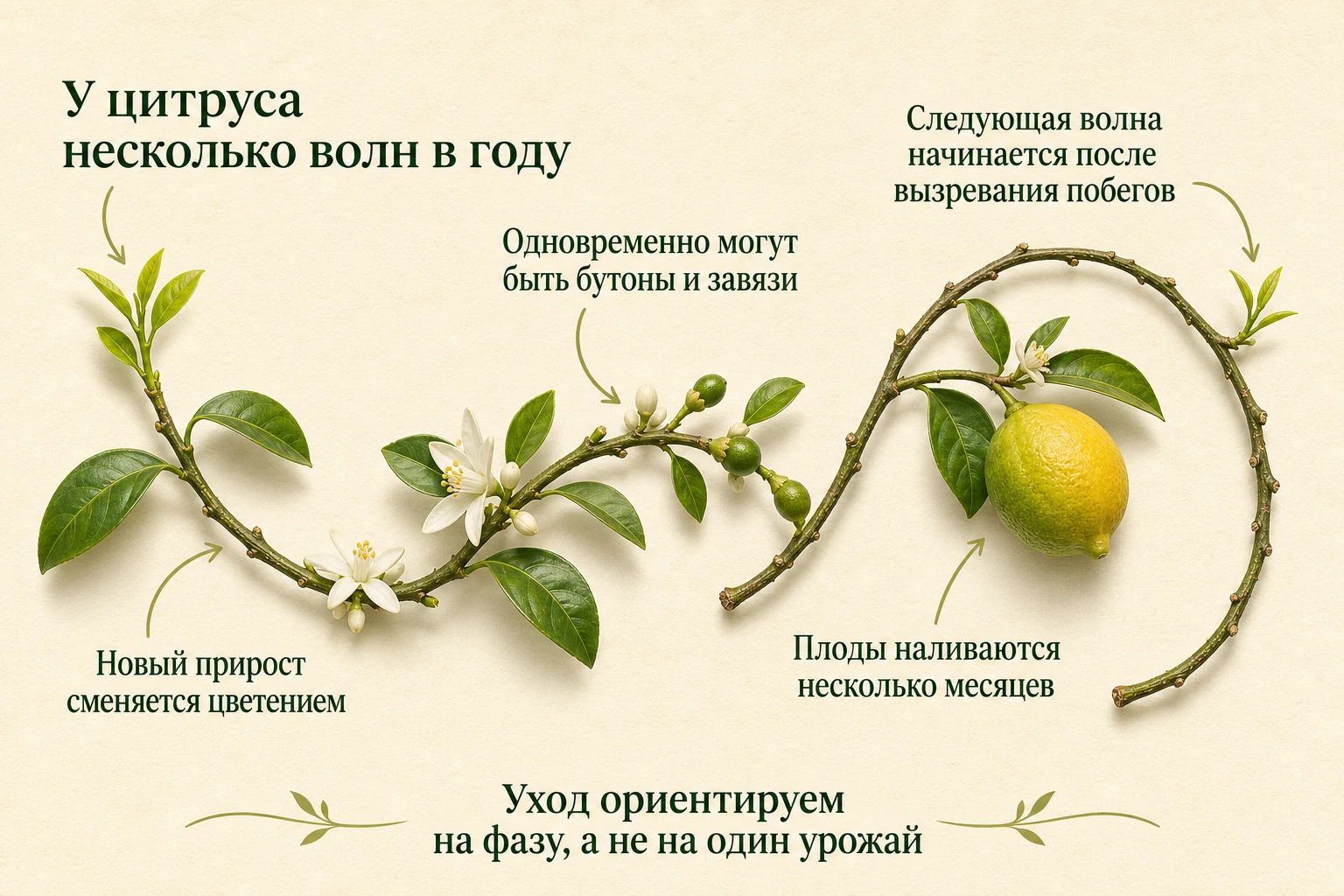 Несколько волн цветения и налива: наглядная схема для комнатных цитрусов