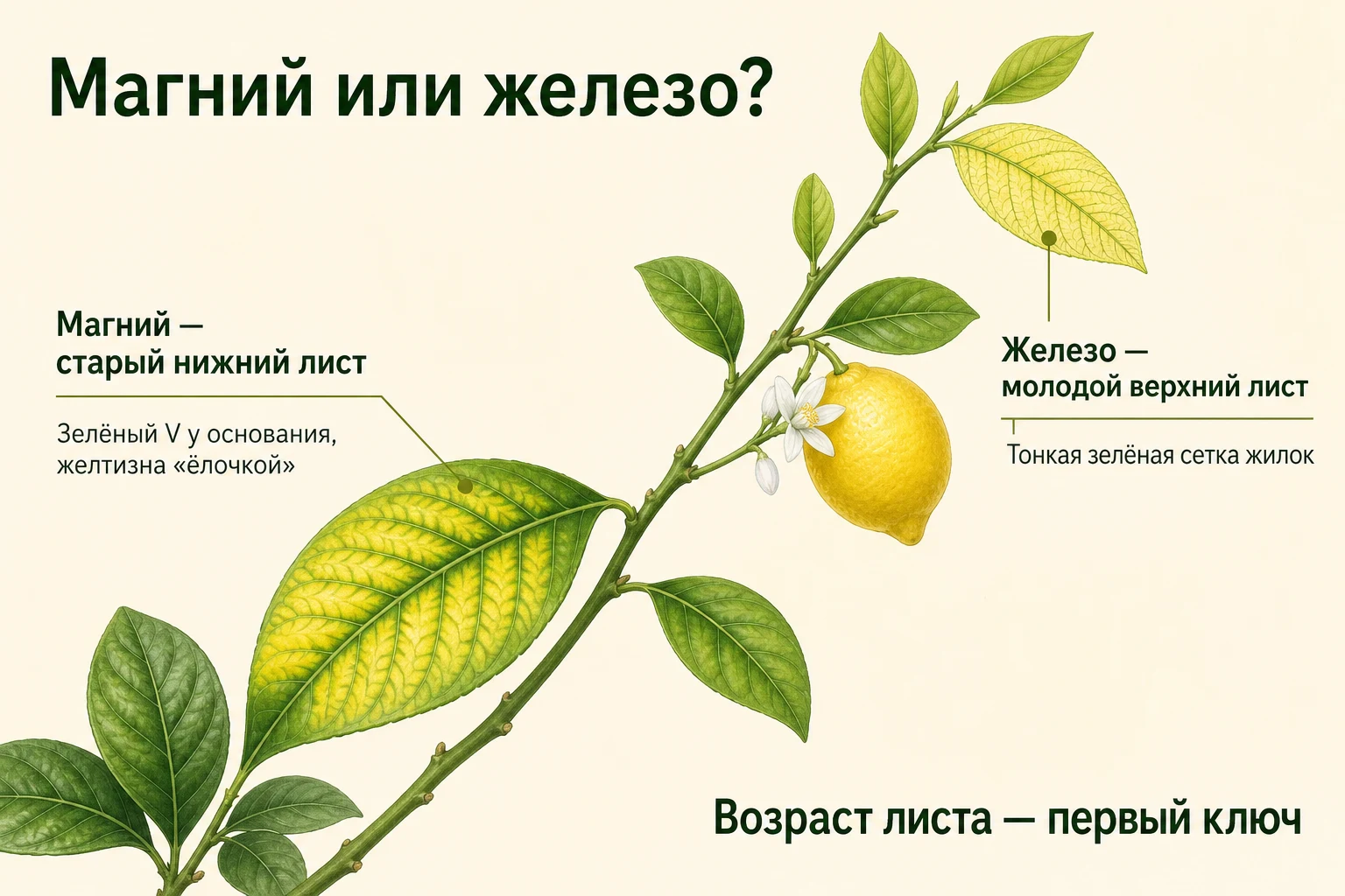 Сравнение дефицита магния на старом листе и железа на молодом листе цитруса