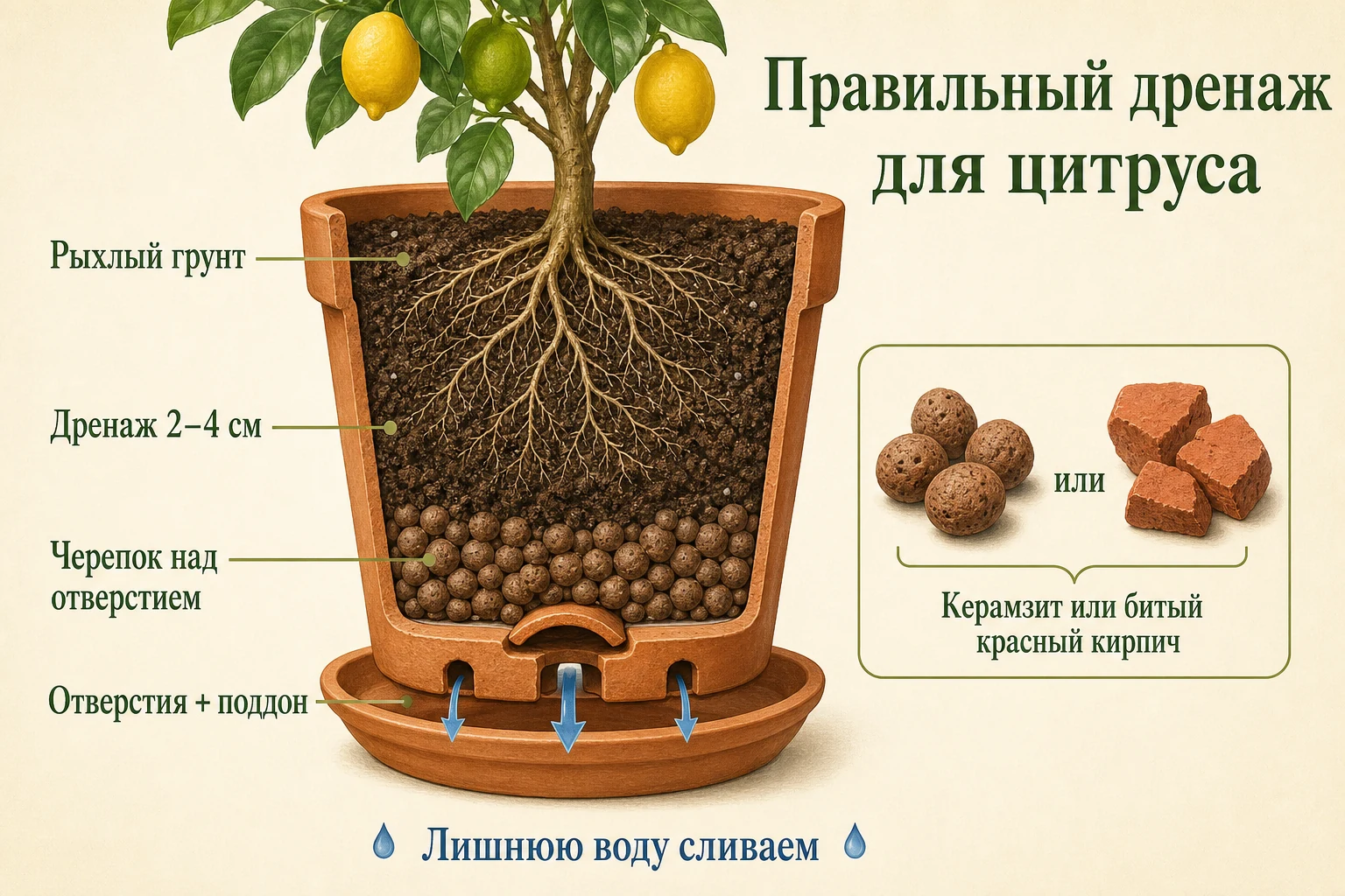 Разрез горшка с рыхлым грунтом, слоем дренажа, отверстиями и поддоном