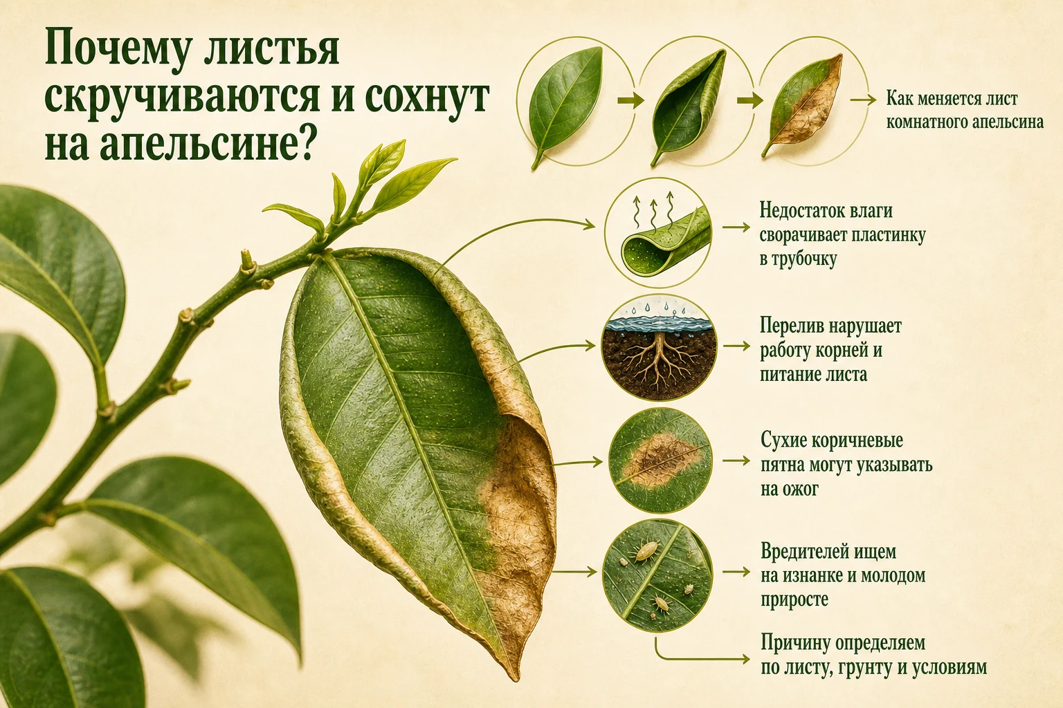 Скручивание и высыхание листа комнатного апельсина и точки проверки