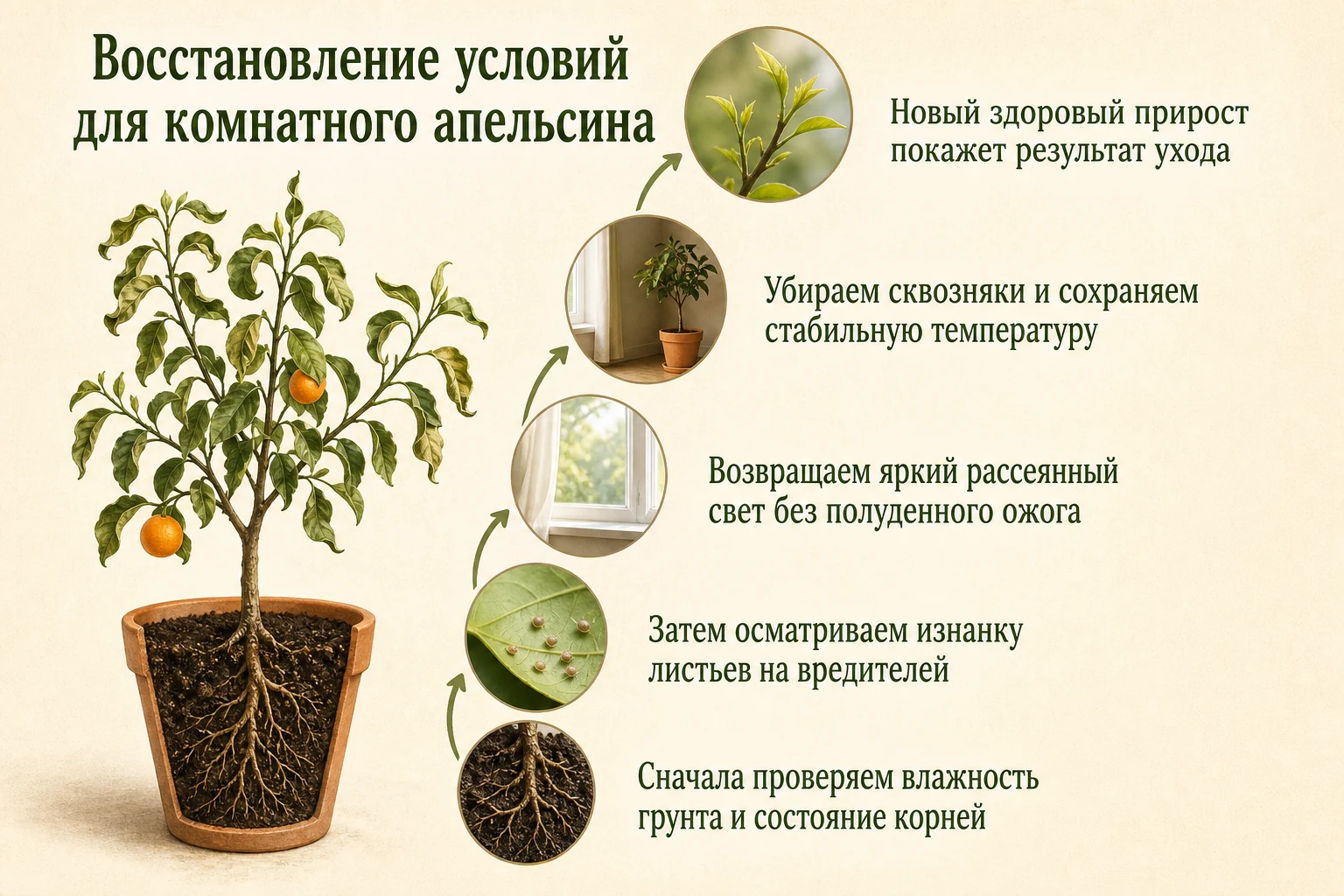 Порядок проверки и восстановления условий для комнатного апельсина