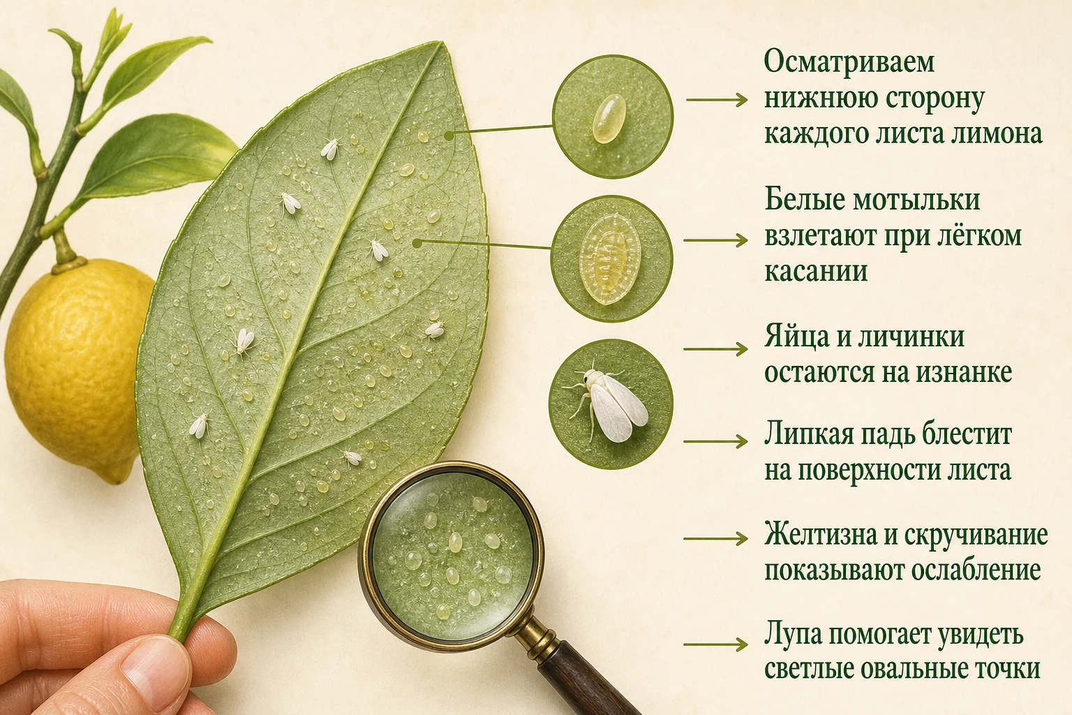 Осмотр изнанки листа лимона на яйца, личинок и взрослых белокрылок