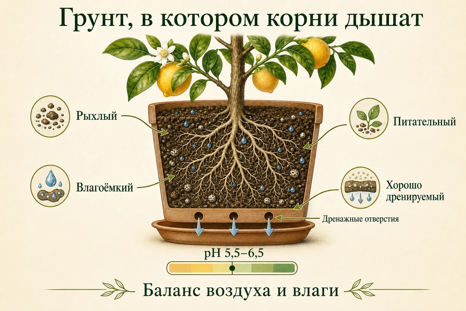 Светлые корни цитруса в рыхлом грунте с pH 5,5–6,5 и дренажными отверстиями