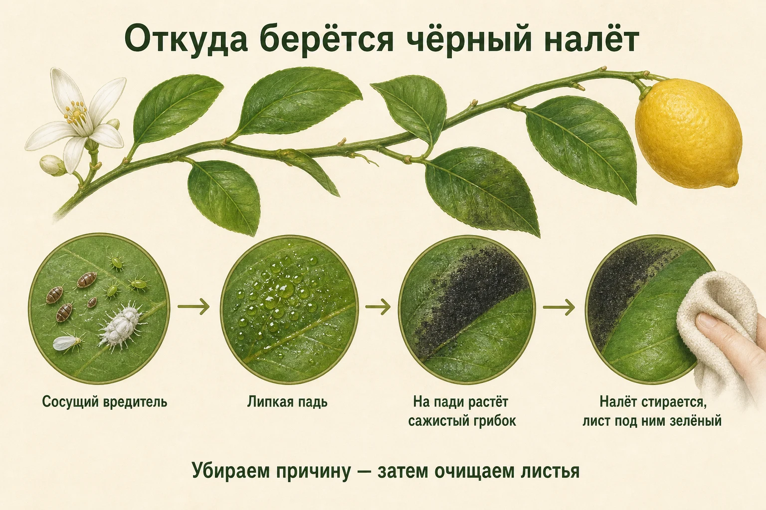 Цепочка от сосущего вредителя и липкой пади до сажистого грибка на листе лимона