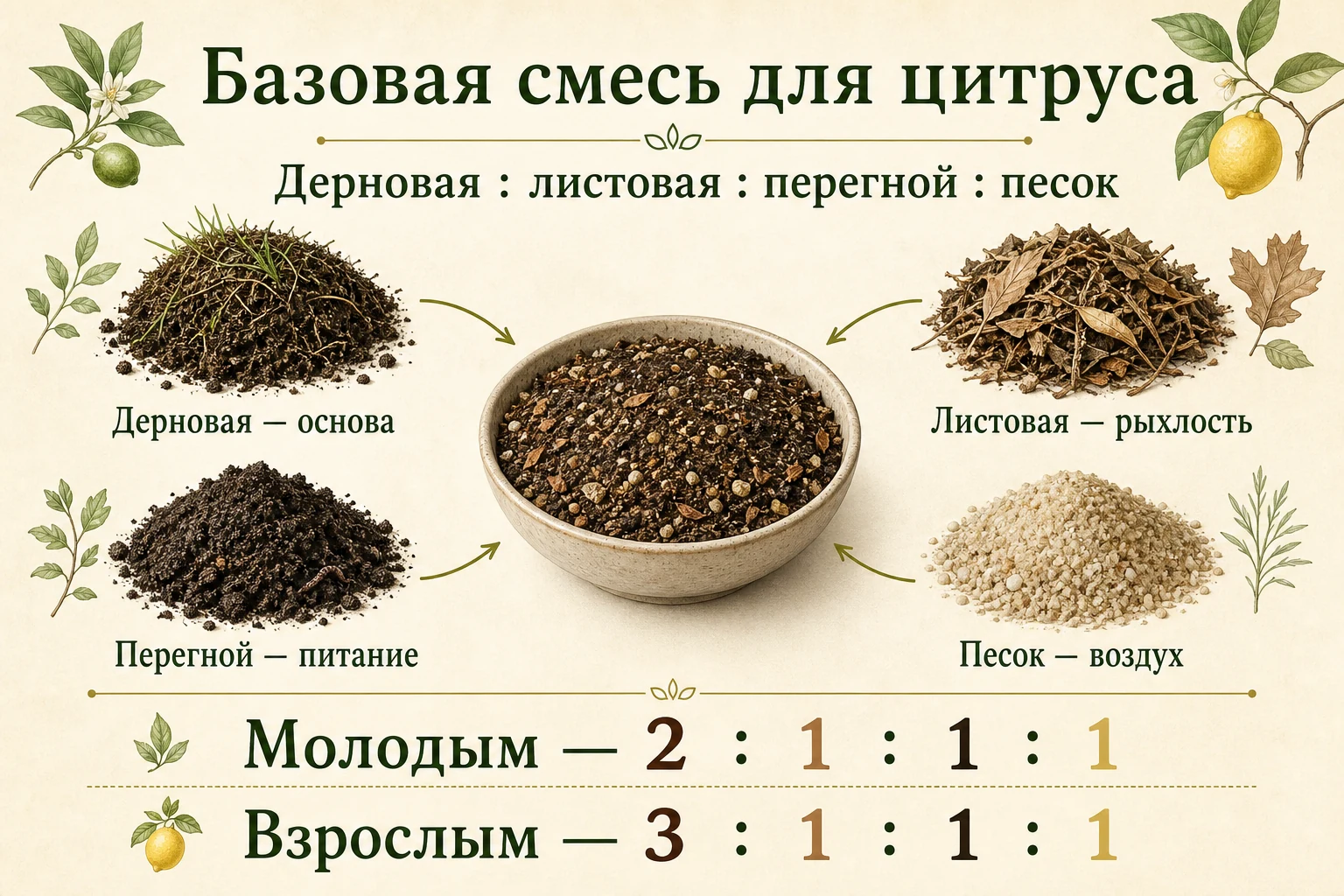 Дерновая и листовая земля, перегной и песок в смеси для молодого и взрослого цитруса