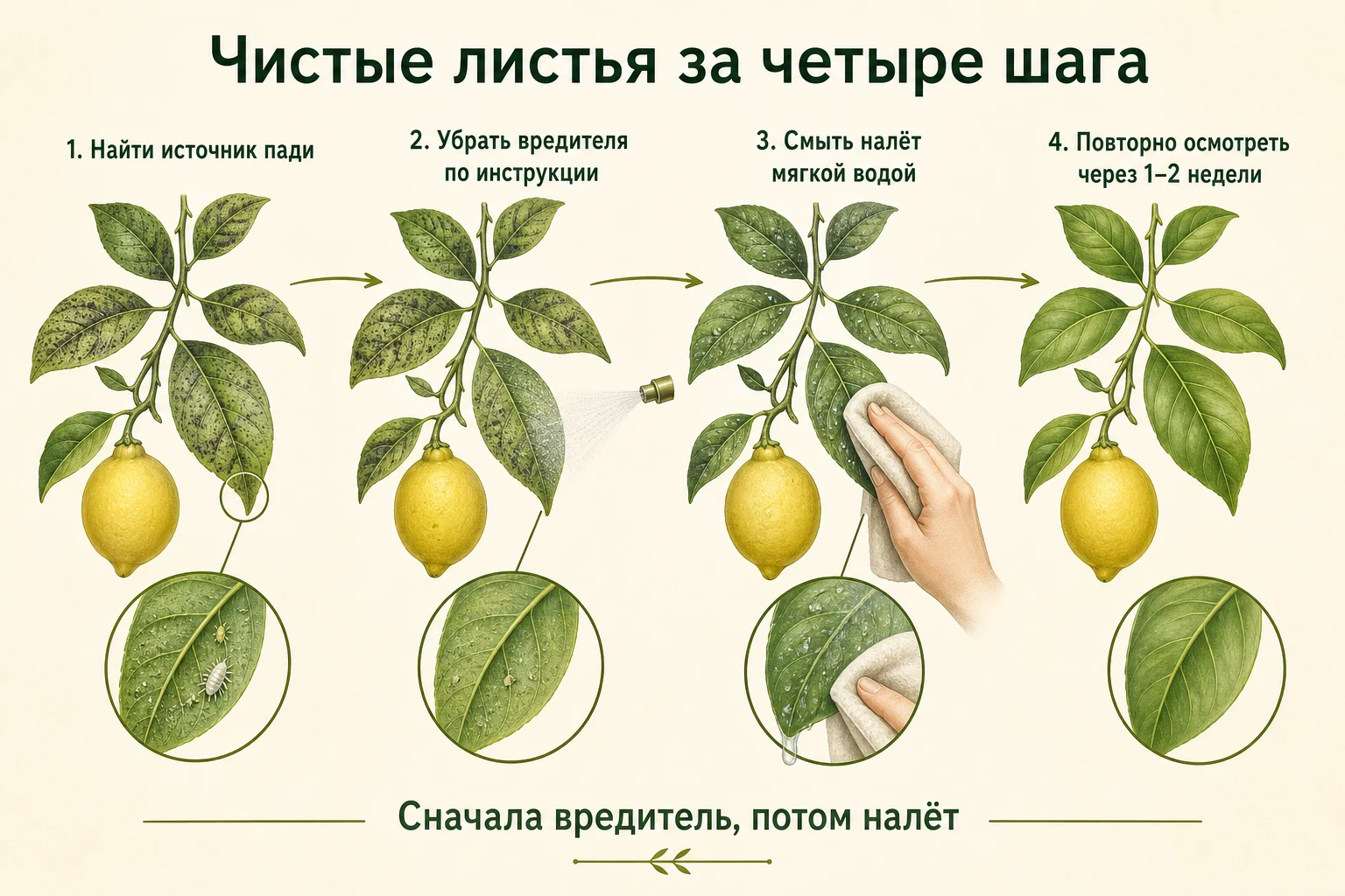 Четыре шага очистки листьев лимона от сажистого грибка после устранения вредителя