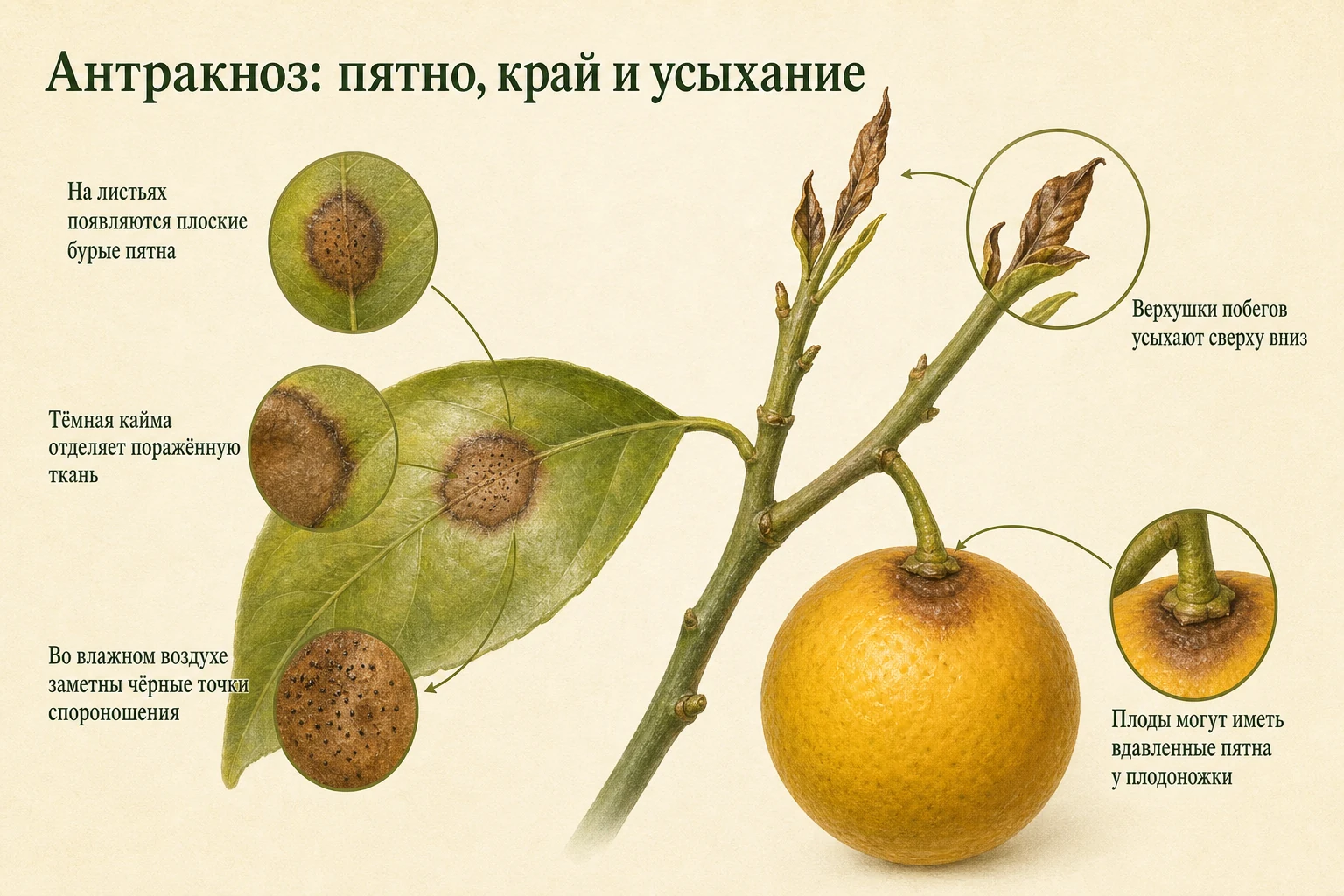 Признаки антракноза на листе, верхушке побега и плоде цитруса