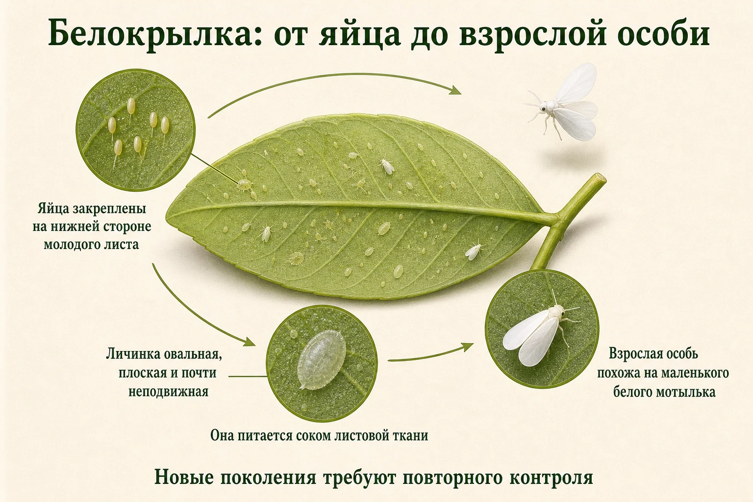 Жизненный цикл белокрылки от яйца и личинки до взрослой особи