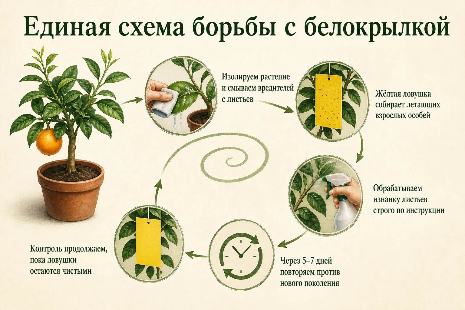 Единая последовательность борьбы с белокрылкой на комнатном цитрусе