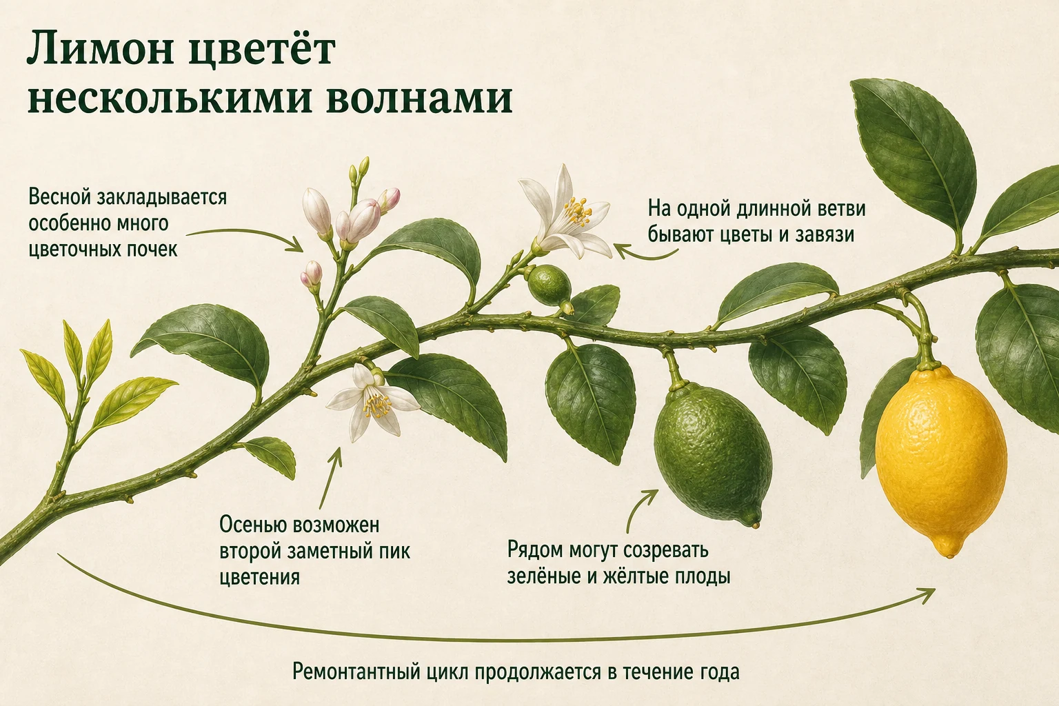 Одновременные цветы, завязи и плоды на ремонтантном комнатном лимоне