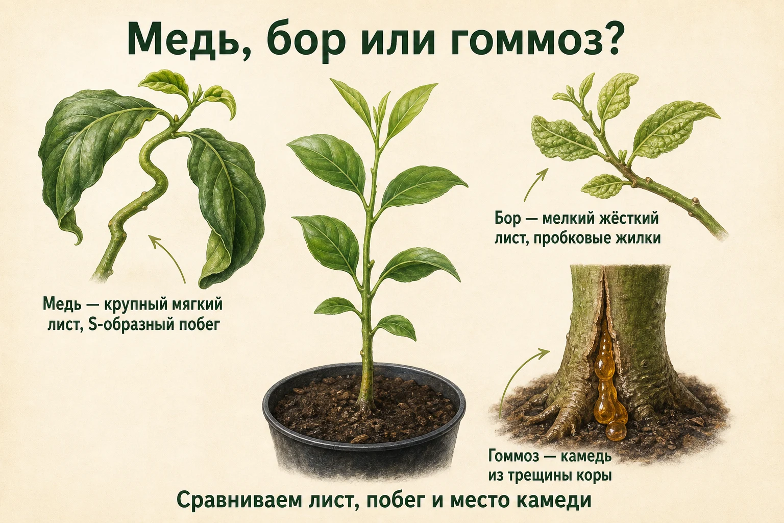 Как отличить дефицит меди и бора от гоммоза по листу, побегу и месту камеди