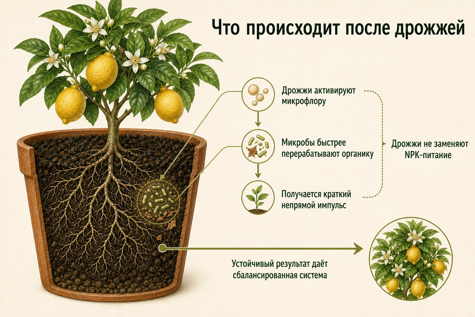 Дрожжи активируют микрофлору грунта и дают краткий непрямой импульс, не заменяя NPK питание цитруса