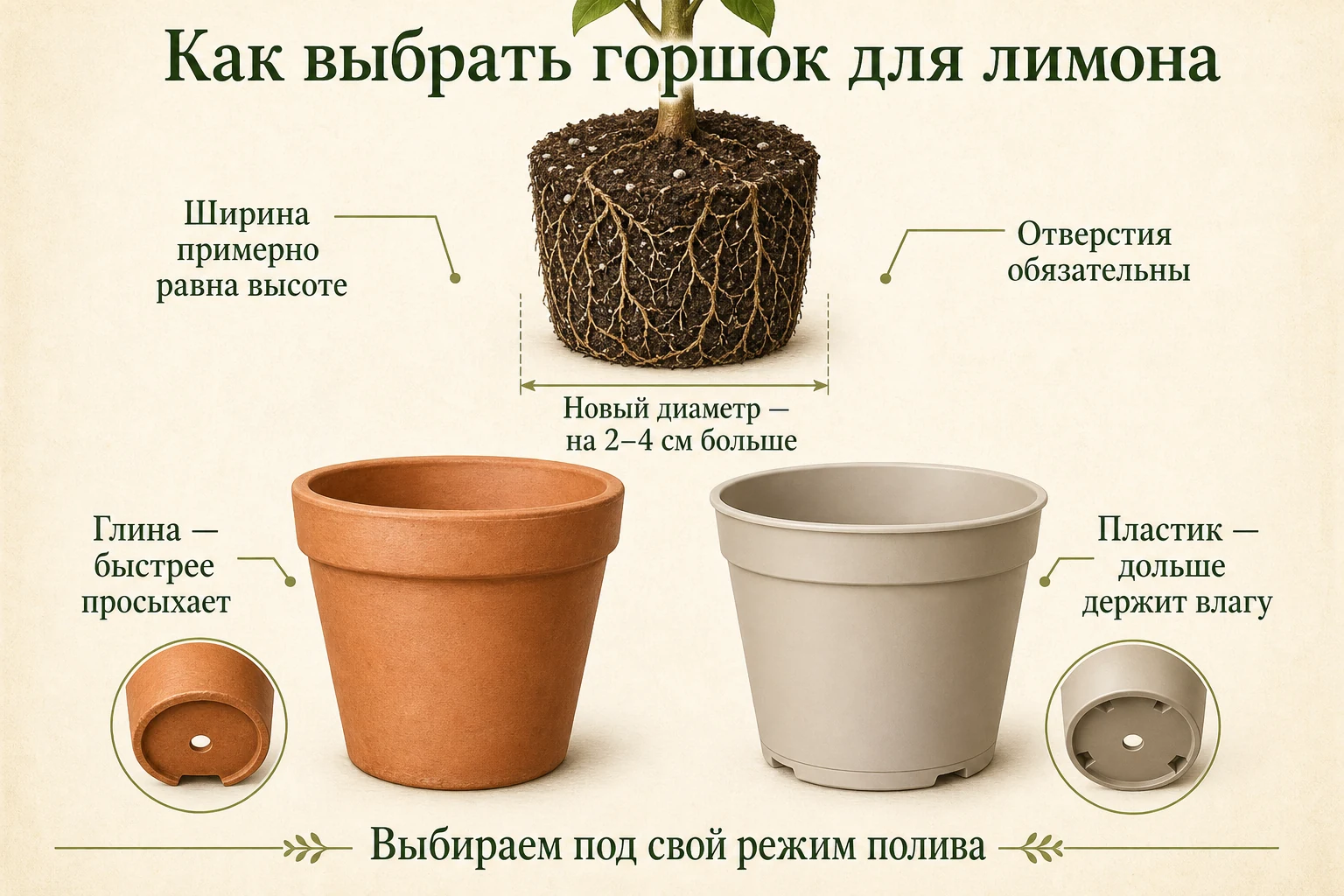 Сравнение размера, формы, отверстий, глиняного и пластикового горшка для лимона
