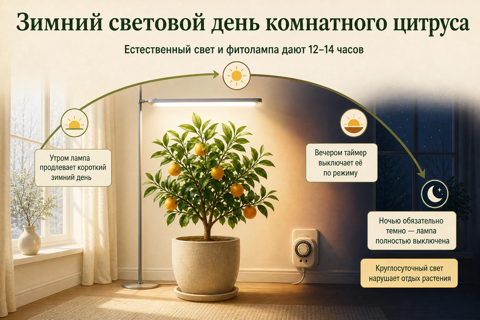 Зимний режим досветки цитруса с обязательной тёмной ночью