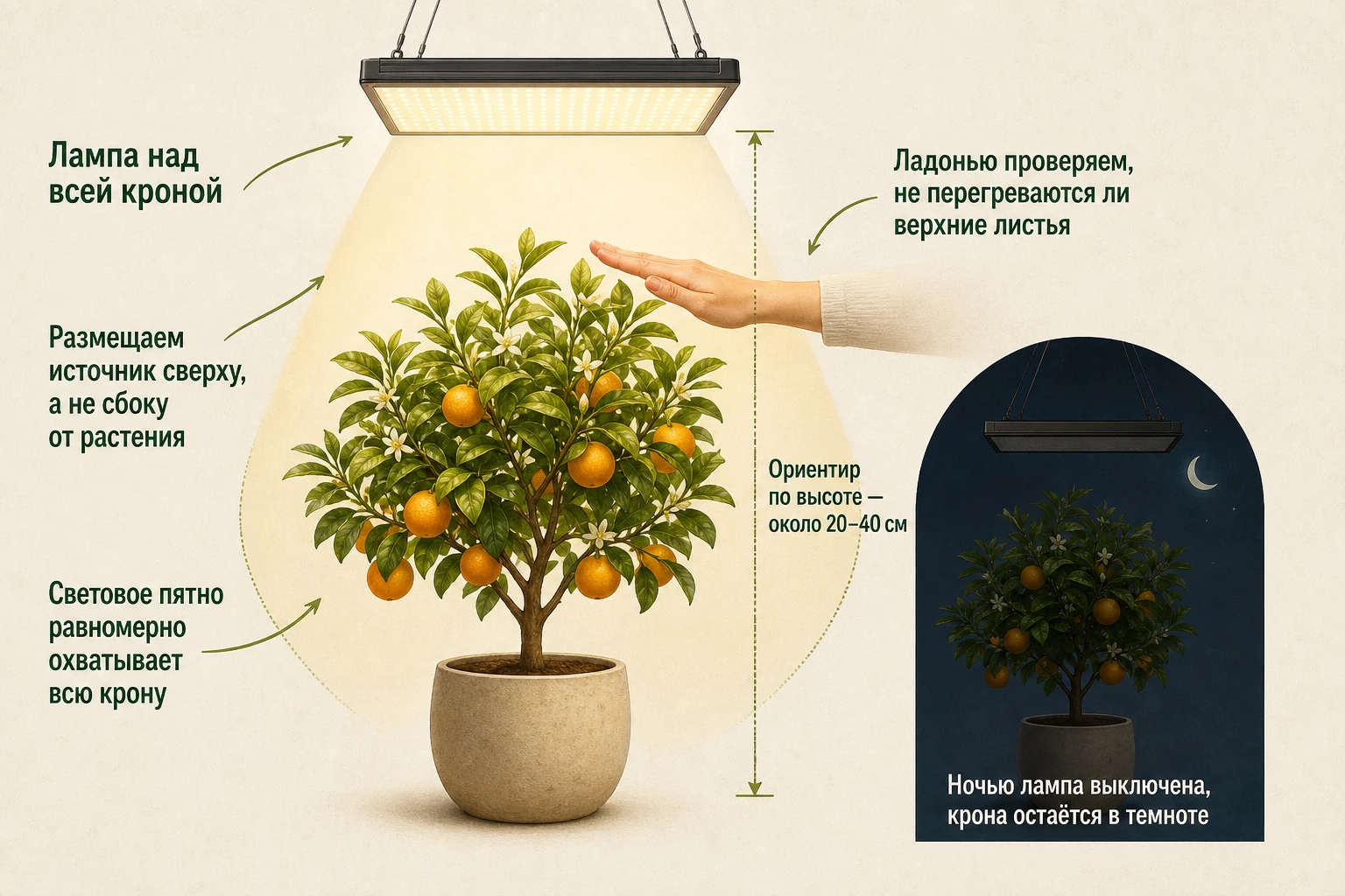 Расположение фитолампы над всей кроной комнатного цитруса