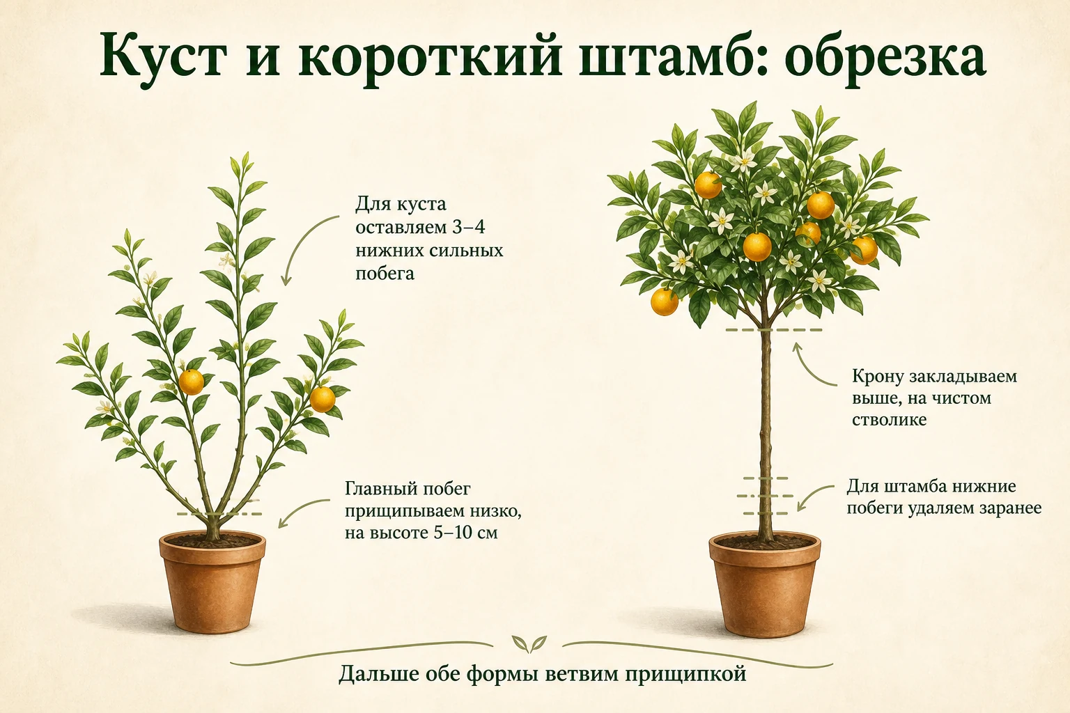 Последовательность обрезки цитруса для куста и короткого штамба