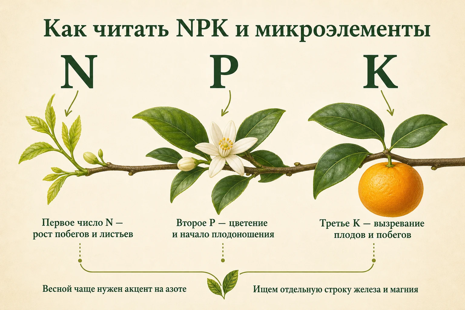 Роли азота, фосфора, калия, железа и магния для комнатного цитруса