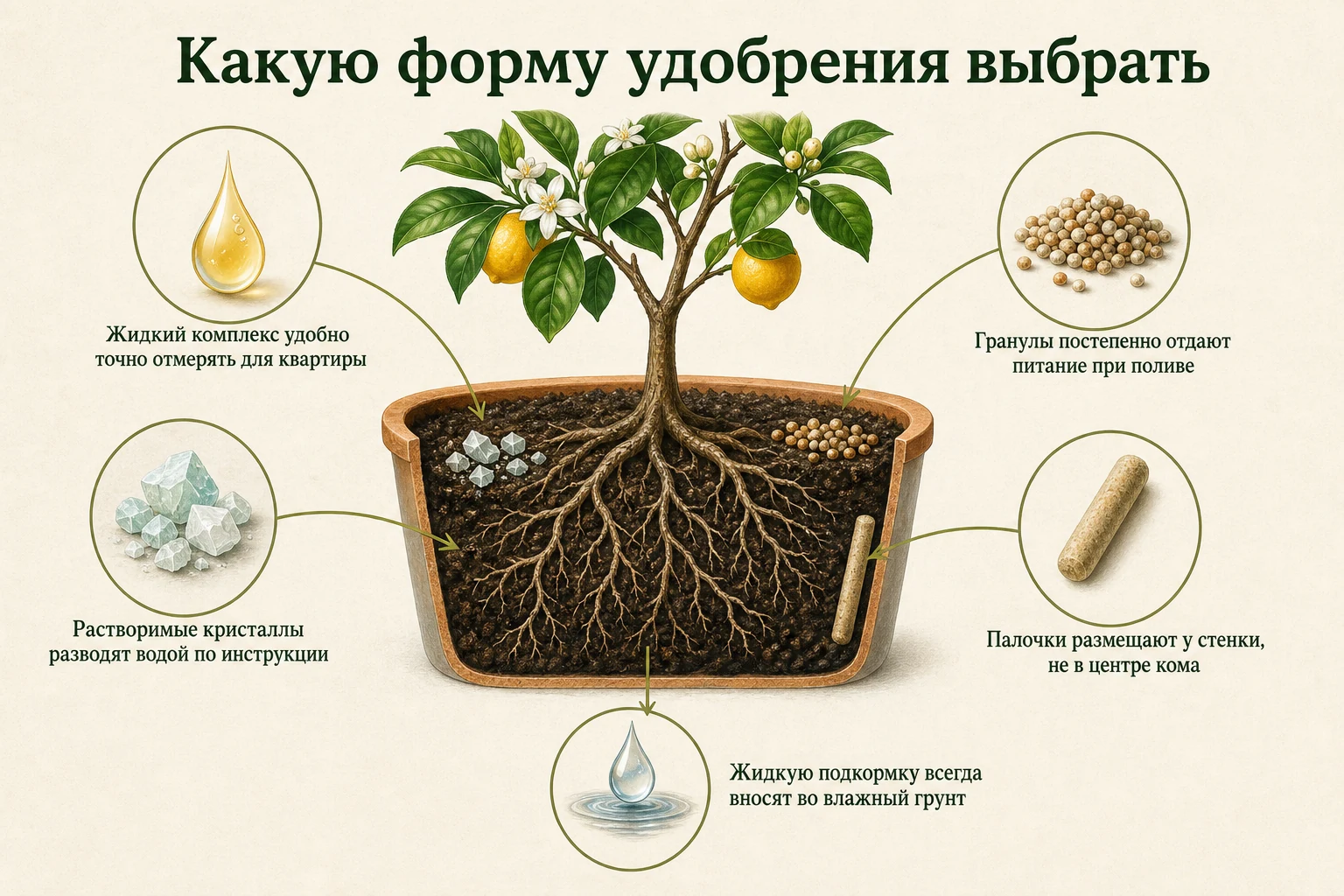 Жидкая, растворимая, гранулированная и палочковая формы удобрений для цитруса