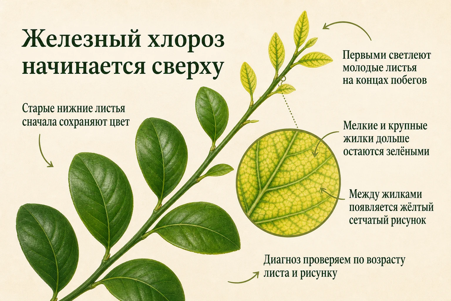Железный хлороз на молодых верхних листьях цитруса при зелёных жилках