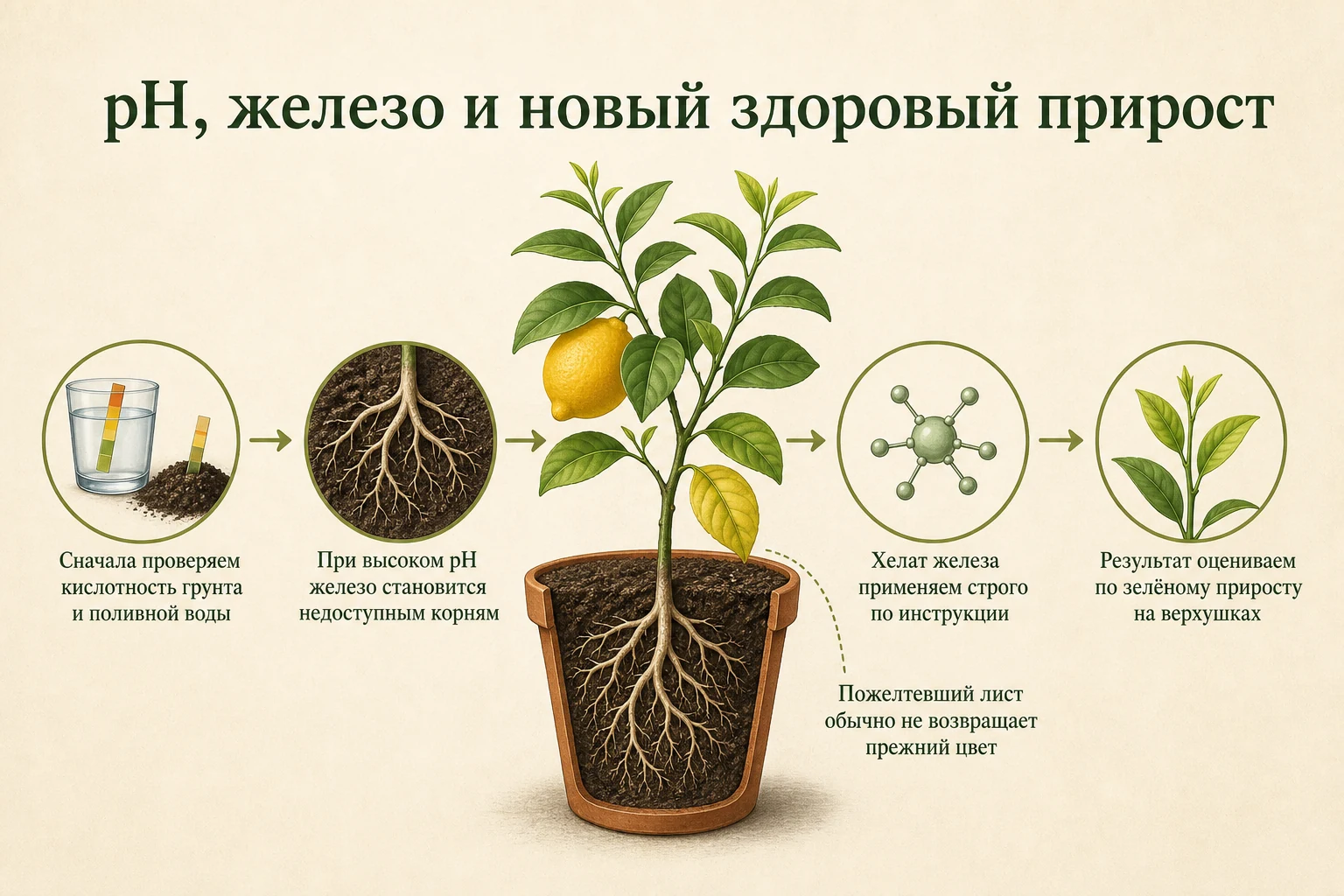 Связь кислотности грунта, хелата железа и нового здорового прироста цитруса