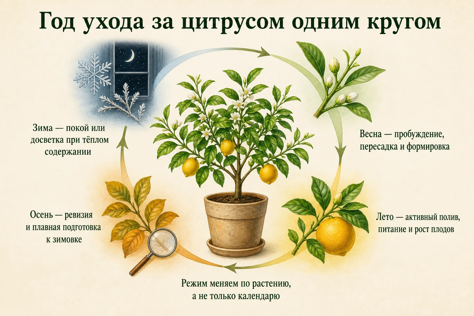 Круговой календарь сезонного ухода за комнатным цитрусом