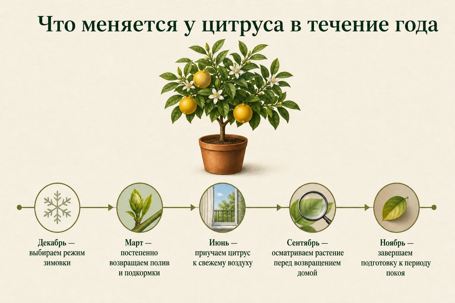 Опорные месяцы изменения режима ухода за комнатным цитрусом