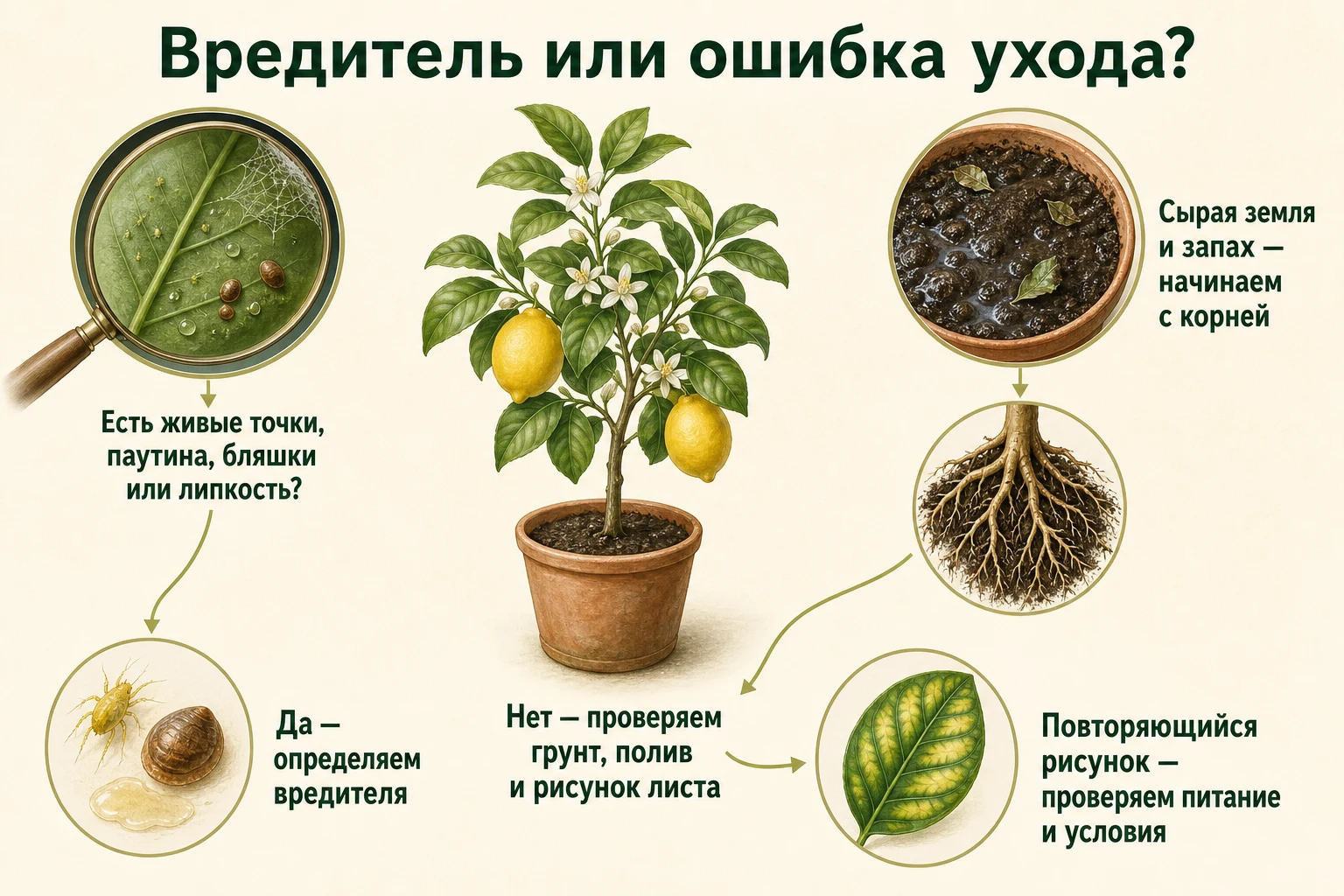 Первичная диагностика лимона по вредителям, состоянию грунта и рисунку листьев